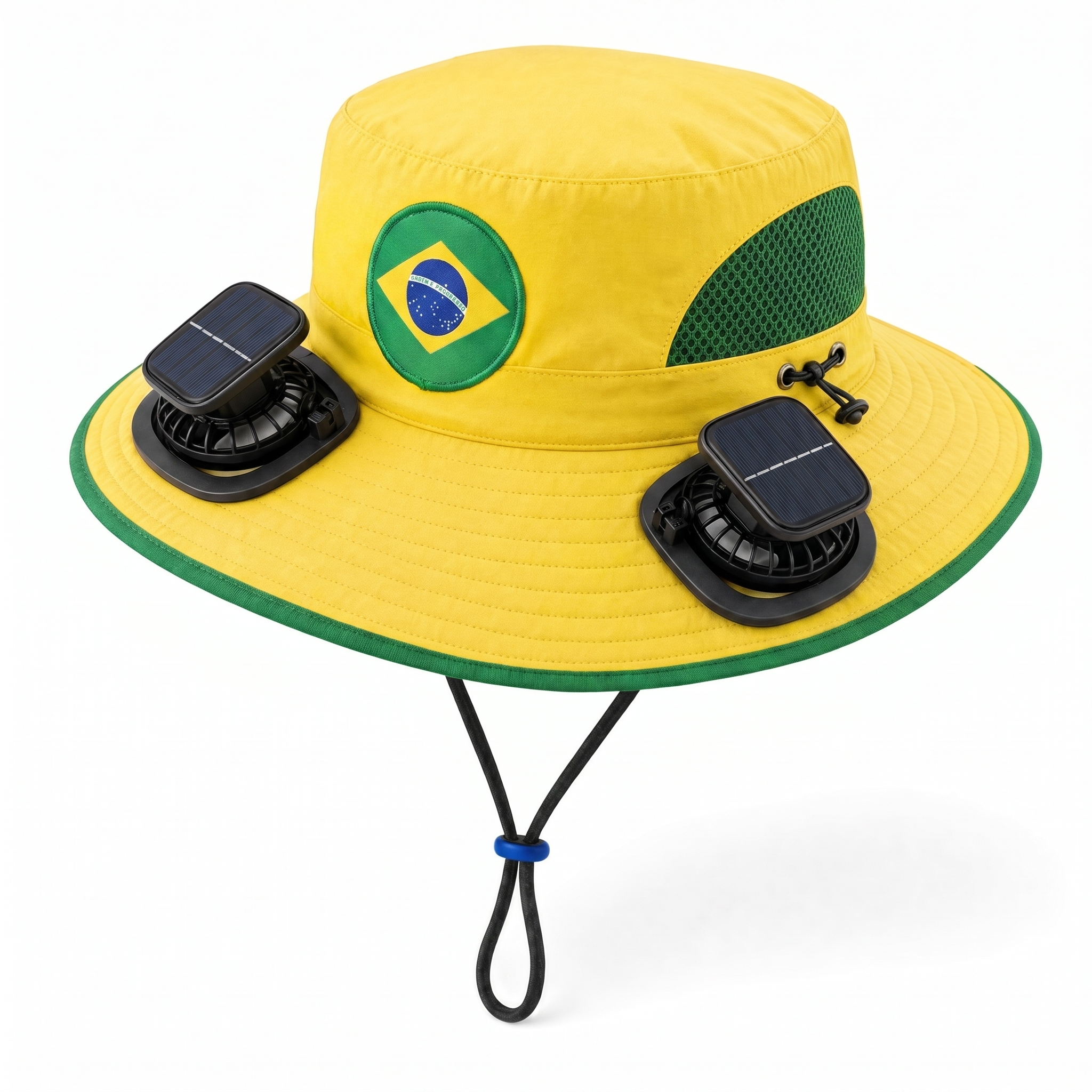 Brazil World Cup 2026 solar cooling fan hat in yellow and green with twin solar fans and Brazil flag crest, front view on white background