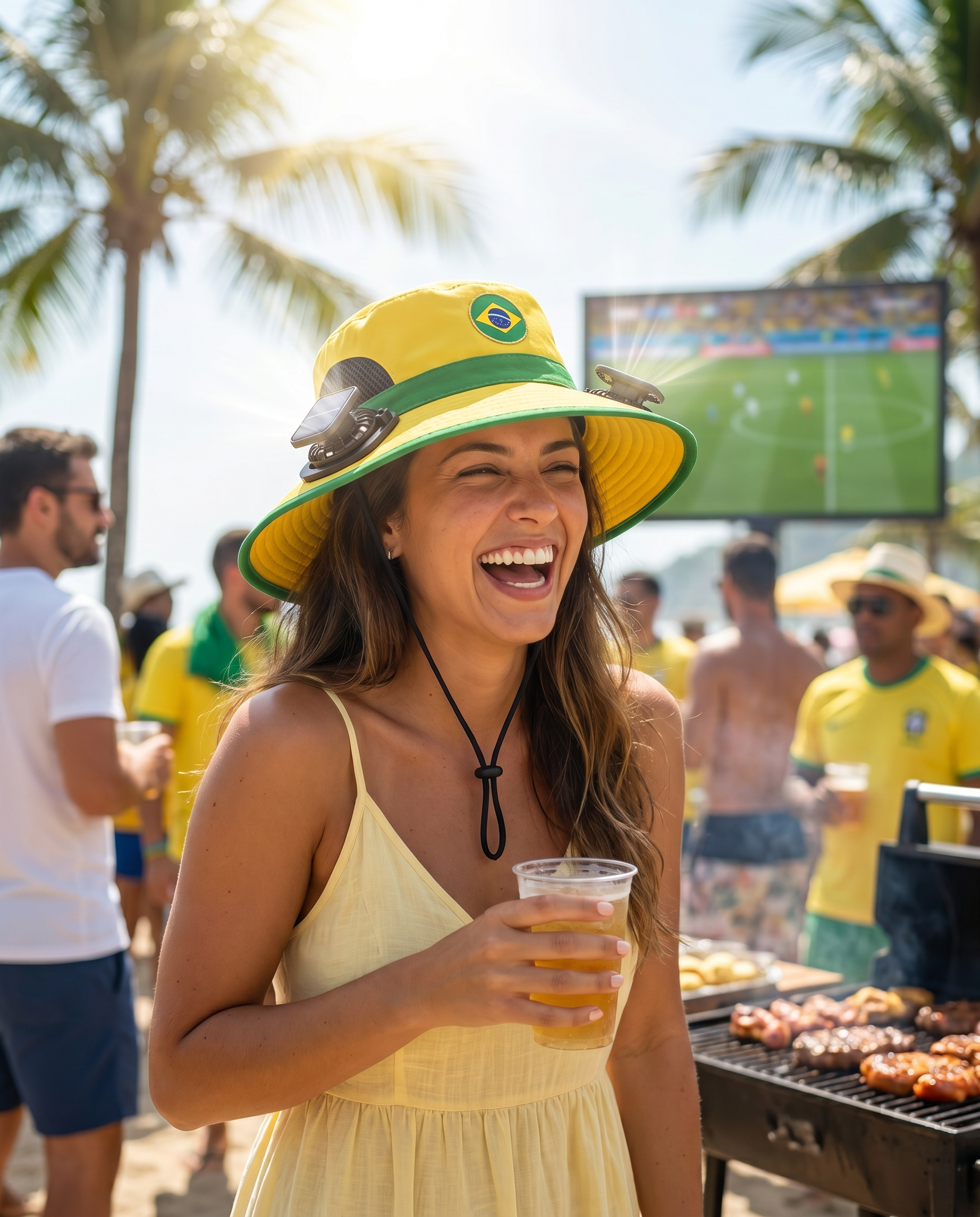 Woman wearing the Brazil solar cooling fan hat at a sunny World Cup watch party