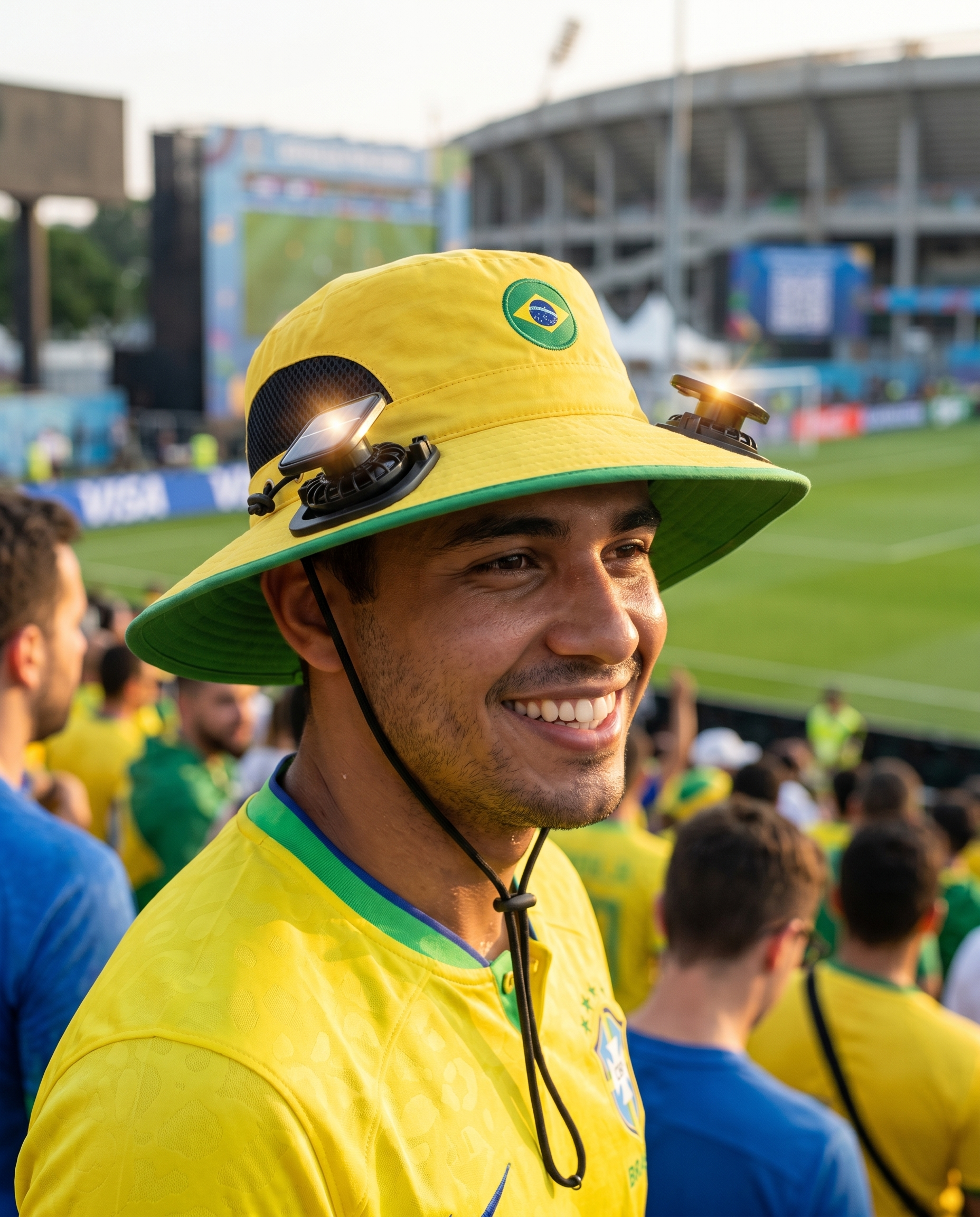 Man wearing the Brazil solar cooling fan hat at a sunny World Cup fan zone