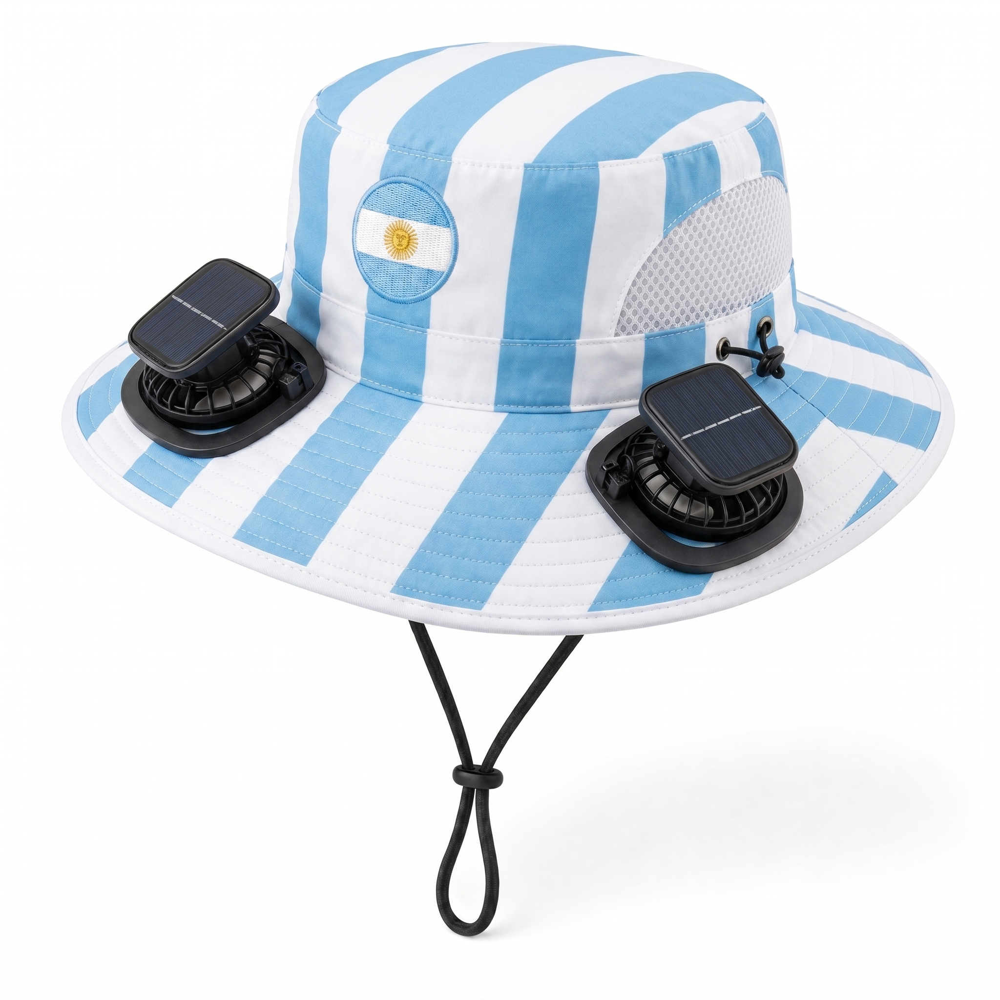 Argentina World Cup 2026 solar cooling fan hat in sky blue and white with twin solar fans and flag crest, front view on white background