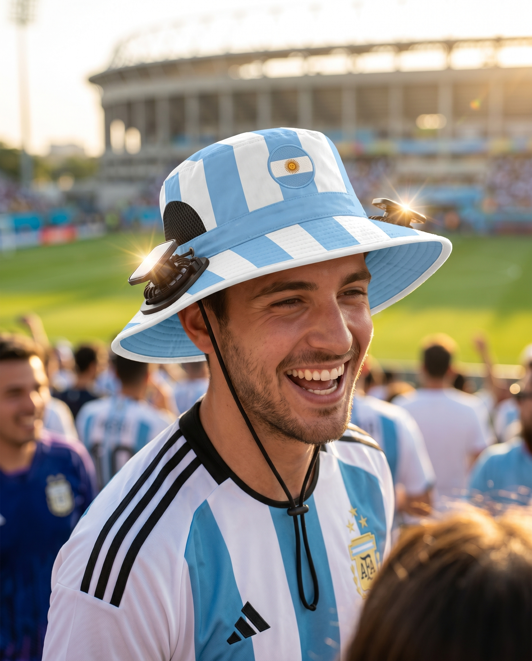 Man wearing the Argentina solar cooling fan hat at a sunny World Cup fan zone