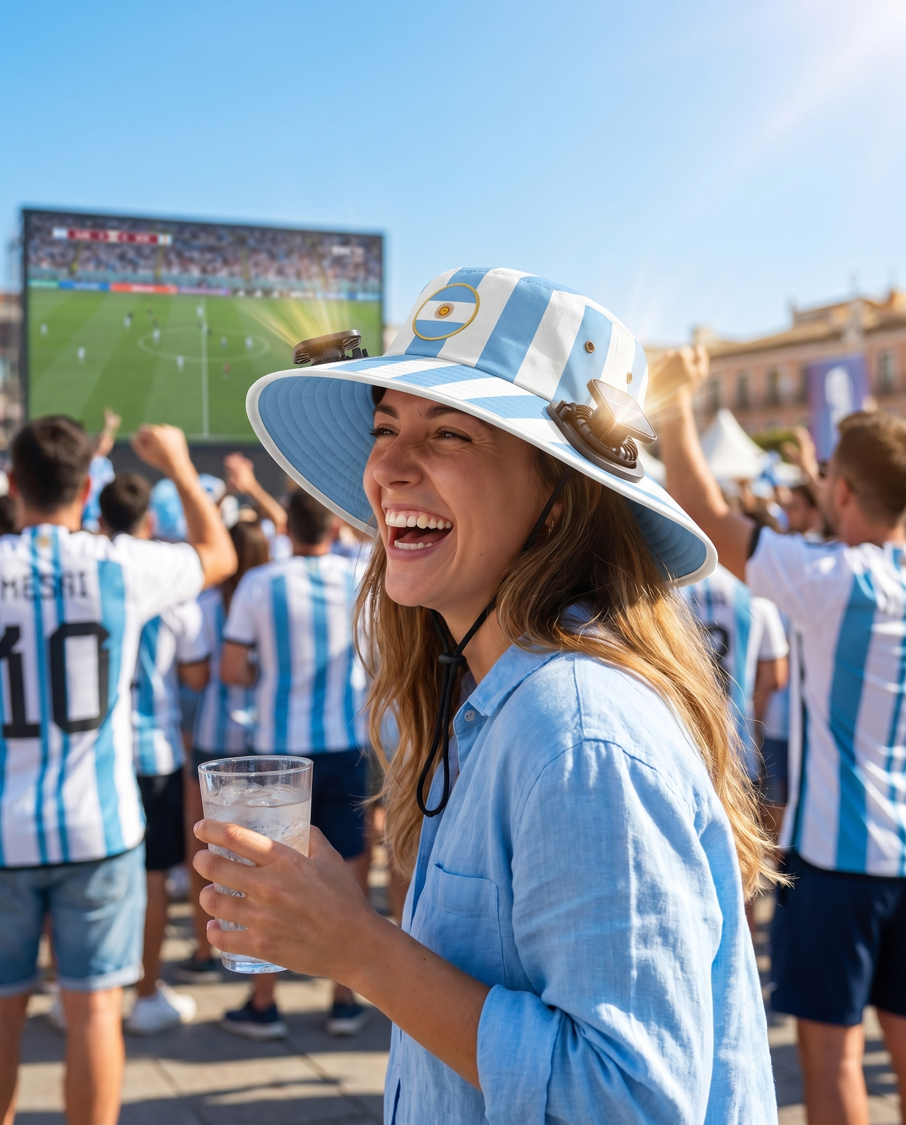 Woman wearing the Argentina solar cooling fan hat at a sunny World Cup watch party