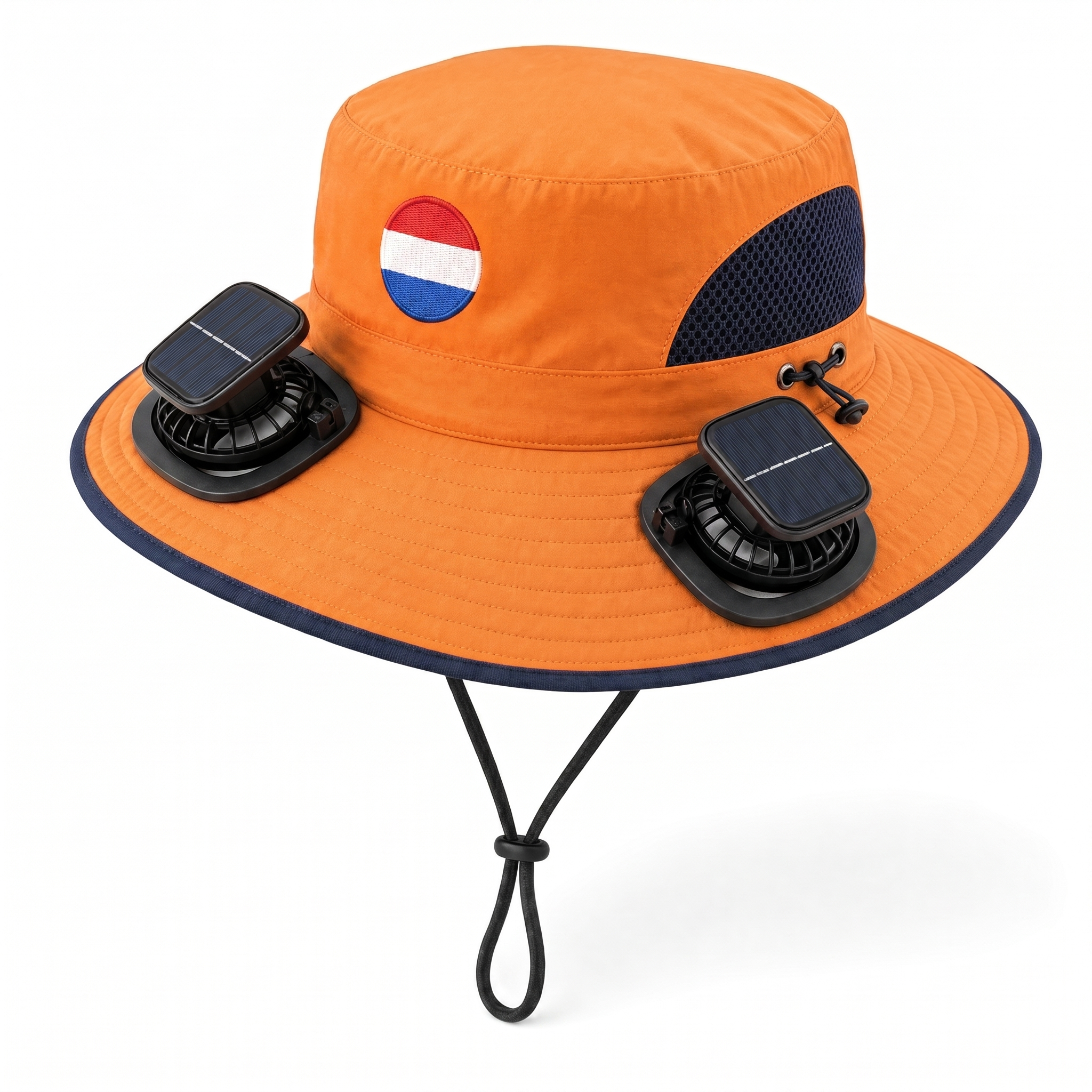 Netherlands World Cup 2026 solar cooling fan hat in orange and navy with twin solar fans and flag crest, front view on white background