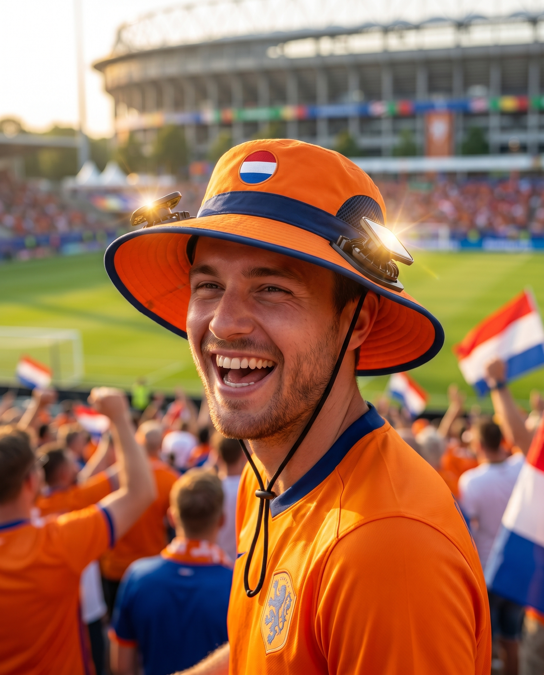 Man wearing the Netherlands solar cooling fan hat at a sunny World Cup fan zone