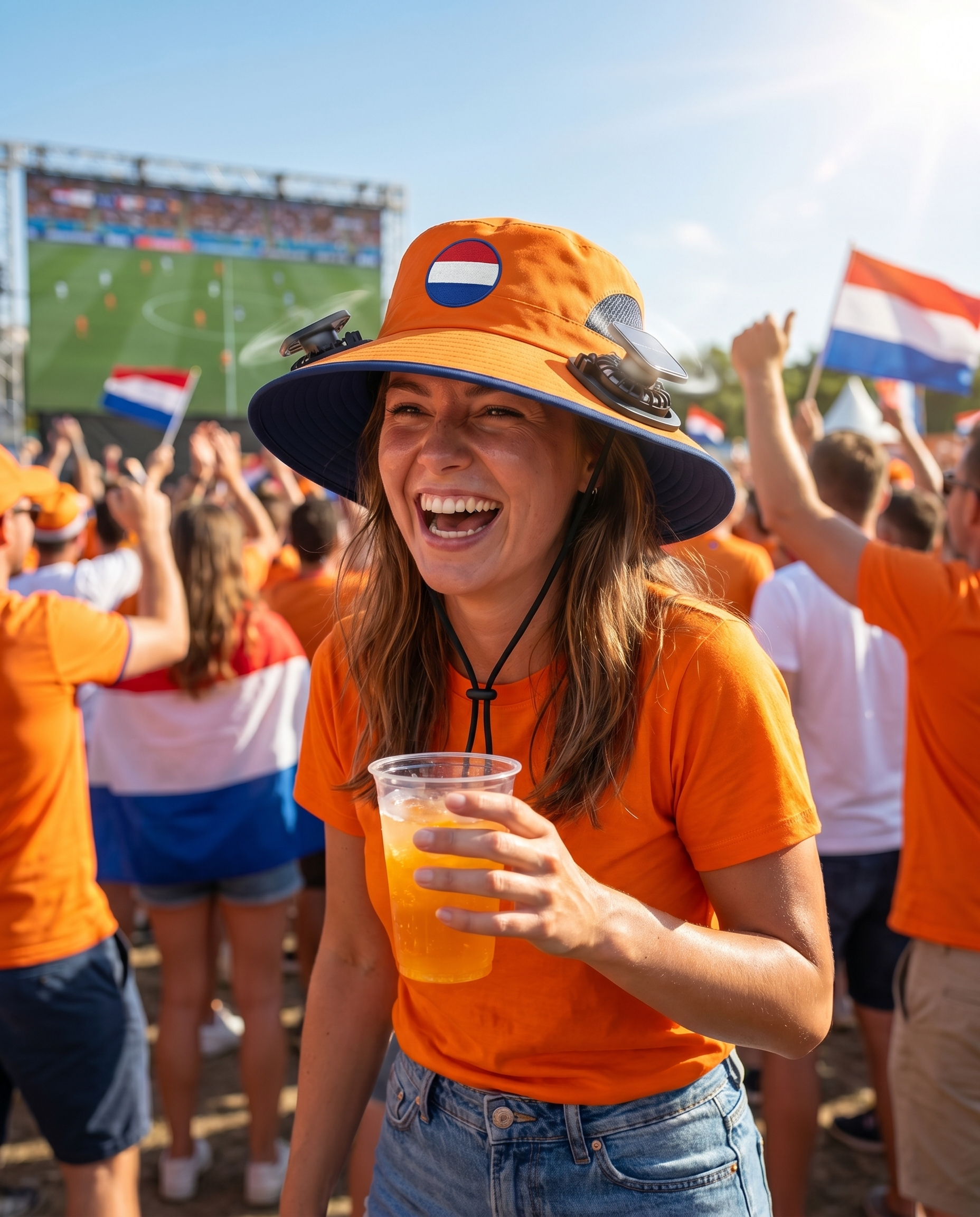 Woman wearing the Netherlands solar cooling fan hat at a sunny World Cup watch party