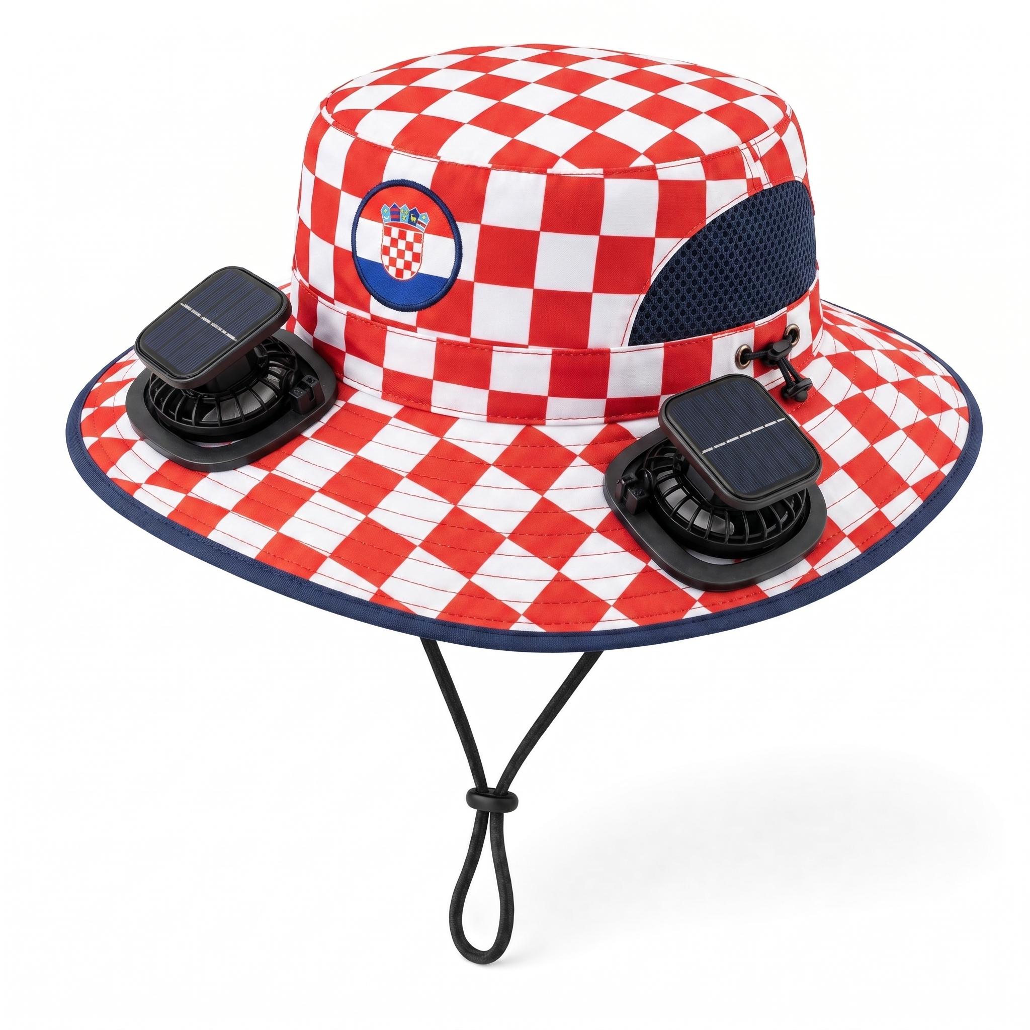Croatia World Cup 2026 solar cooling fan hat in red-and-white checkerboard with twin solar fans and flag crest, front view on white background