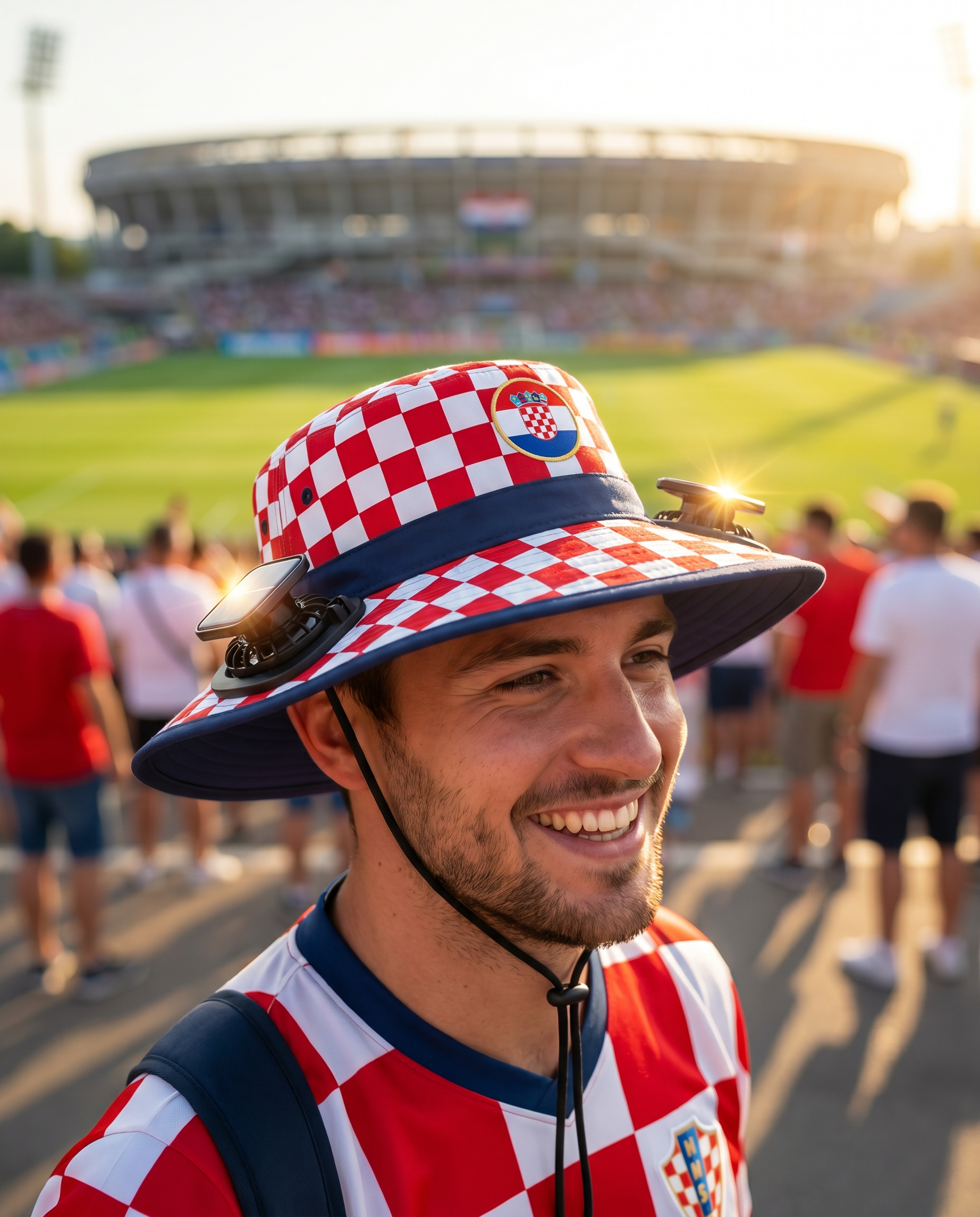 Man wearing the Croatia solar cooling fan hat at a sunny World Cup fan zone