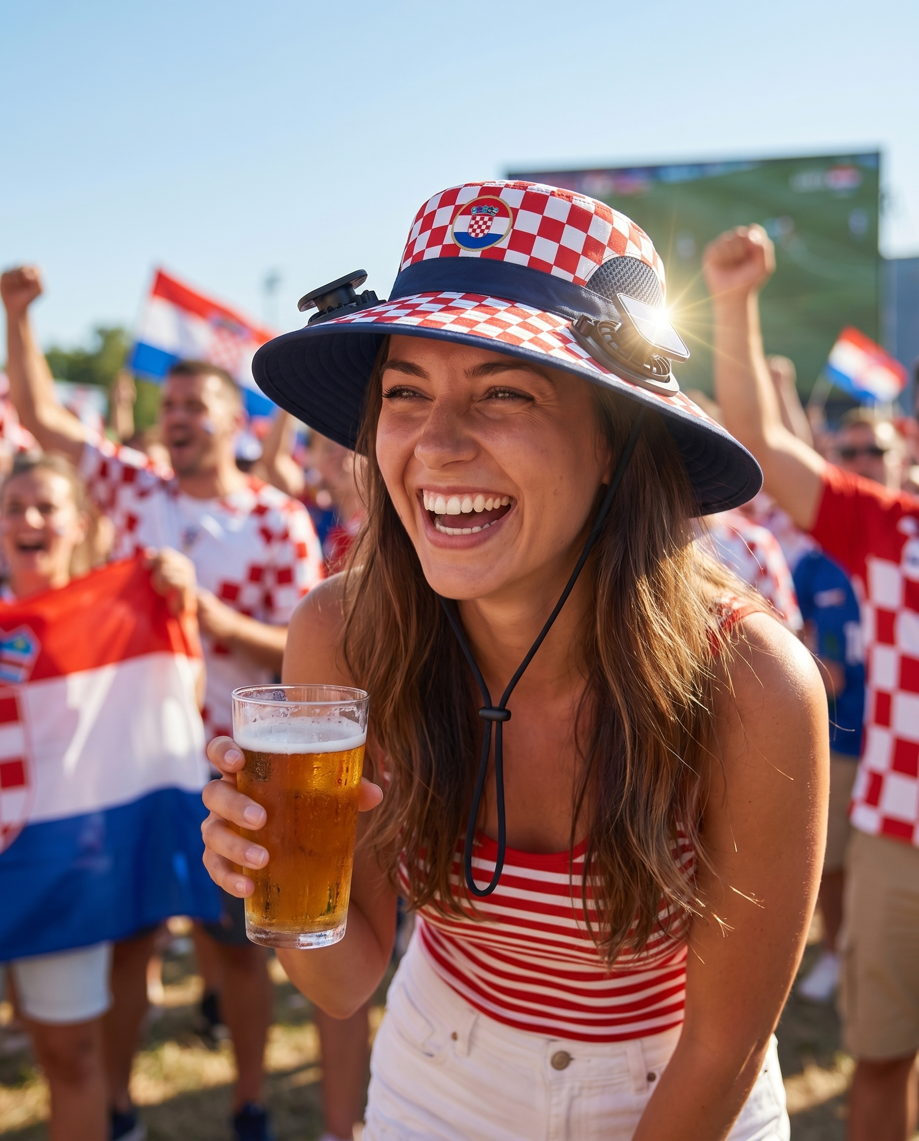 Woman wearing the Croatia solar cooling fan hat at a sunny World Cup watch party