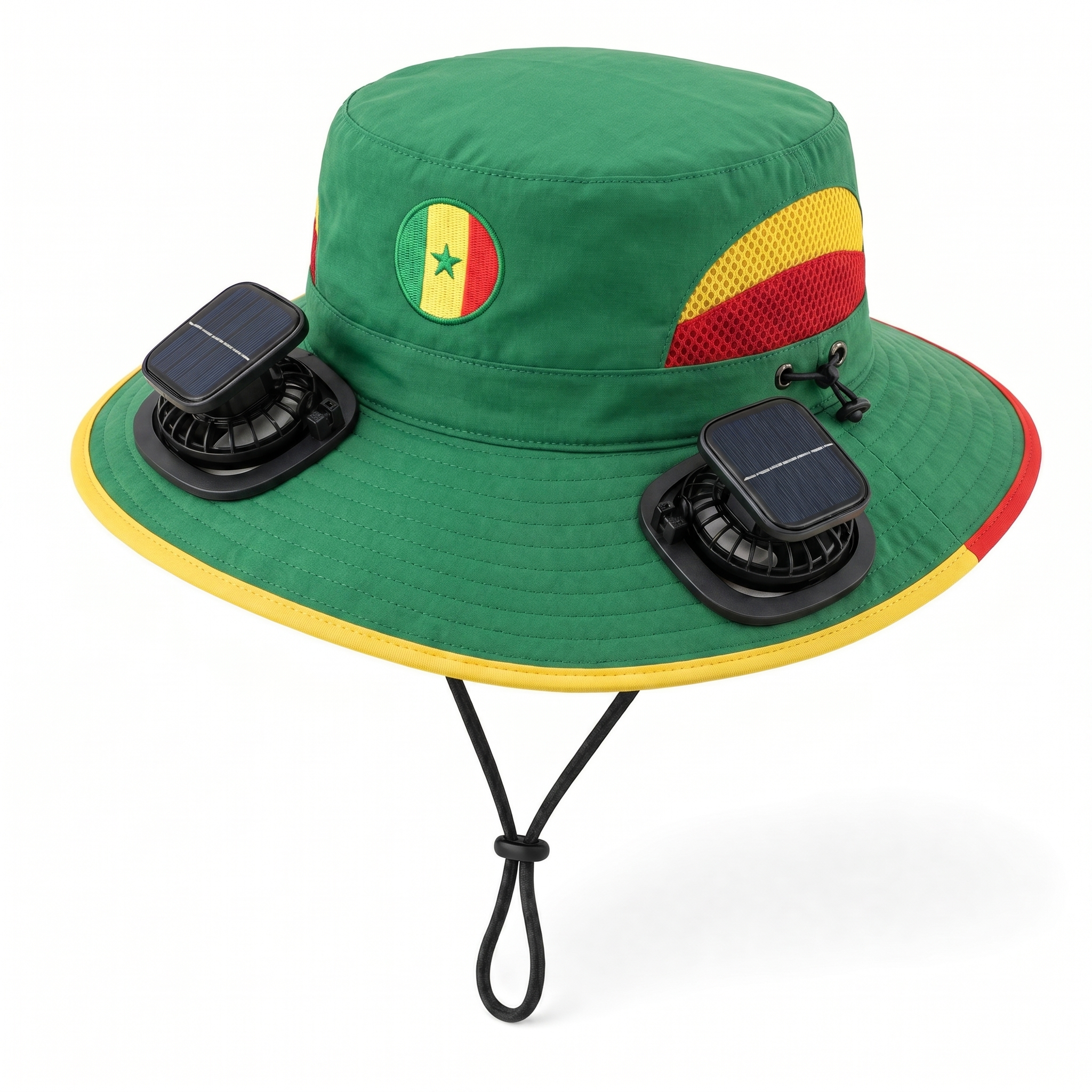 Senegal World Cup 2026 solar cooling fan hat in green, yellow and red with twin solar fans and flag crest, front view on white background