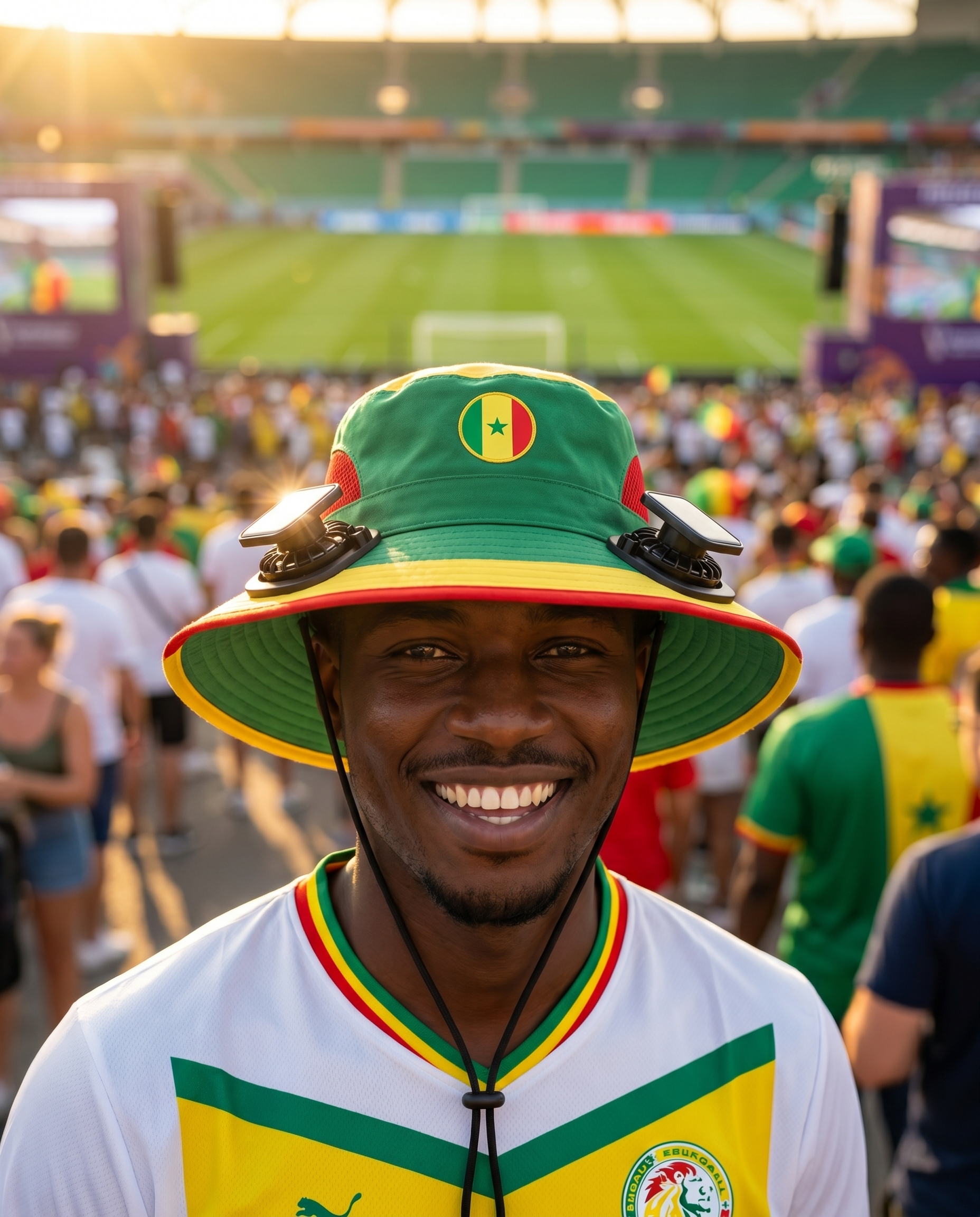 Man wearing the Senegal solar cooling fan hat at a sunny World Cup fan zone