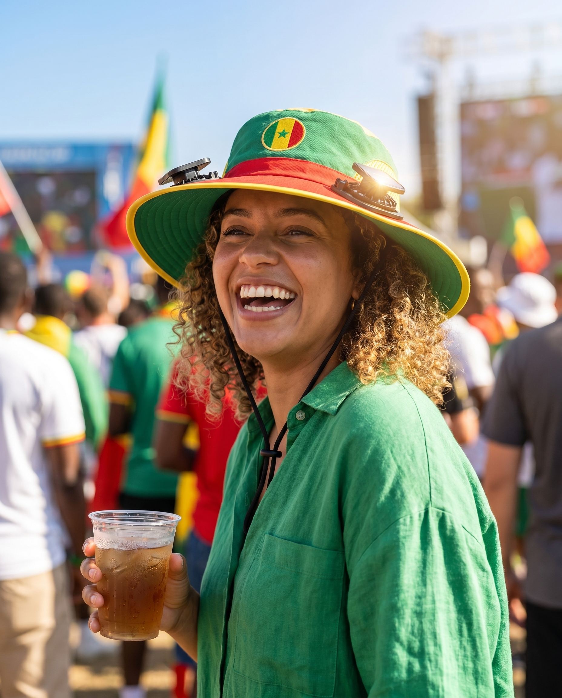 Woman wearing the Senegal solar cooling fan hat at a sunny World Cup watch party
