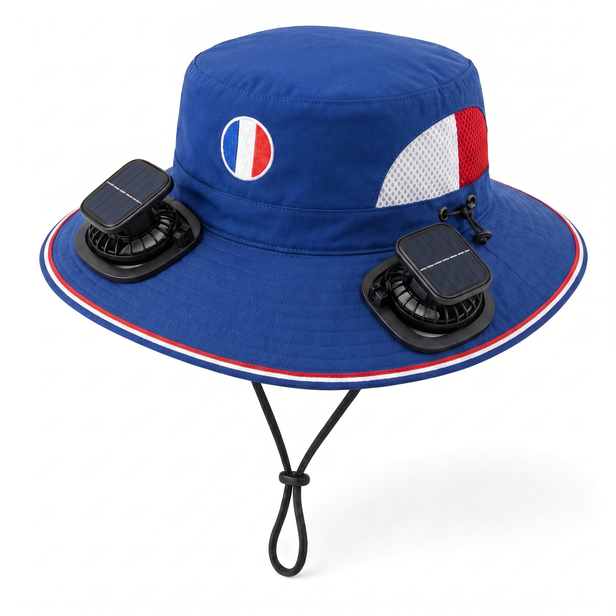 France World Cup 2026 solar cooling fan hat in royal blue, white and red with twin solar fans and flag crest, front view on white background