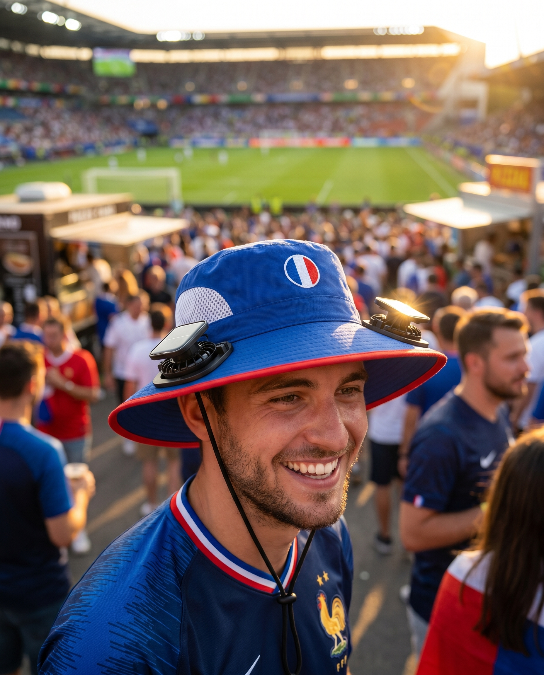 Man wearing the France solar cooling fan hat at a sunny World Cup fan zone