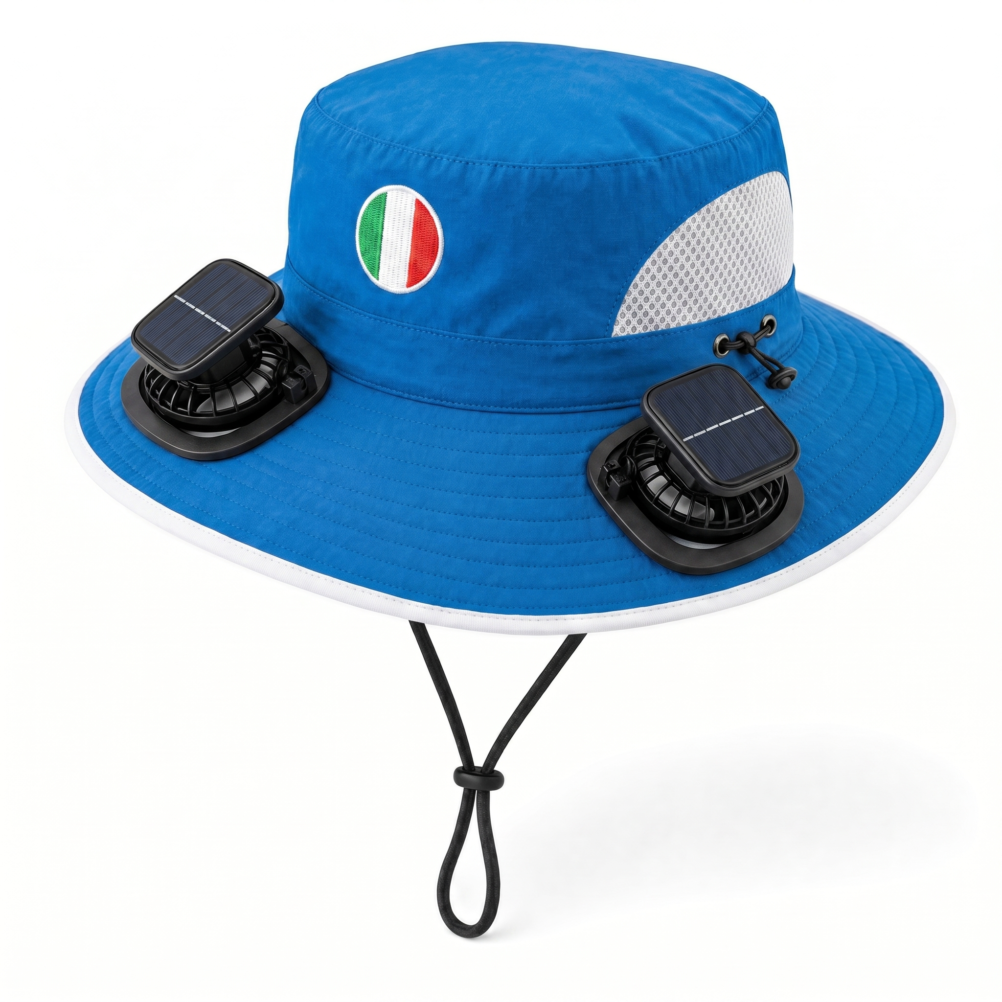 Italy World Cup 2026 solar cooling fan hat in azure blue and white with twin solar fans and flag crest, front view on white background
