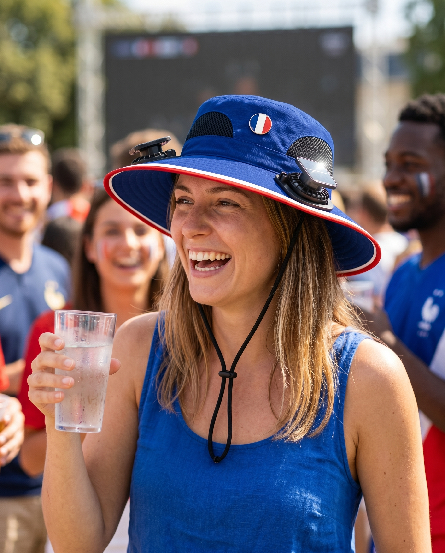 Woman wearing the France solar cooling fan hat at a sunny World Cup watch party