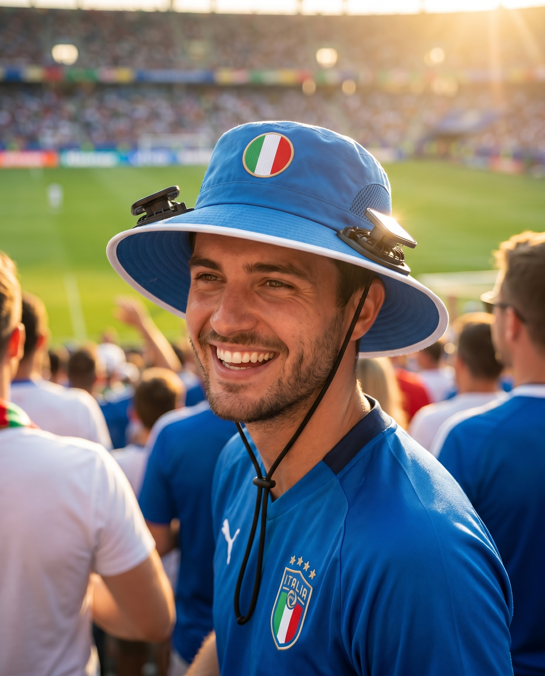 Man wearing the Italy solar cooling fan hat at a sunny World Cup fan zone