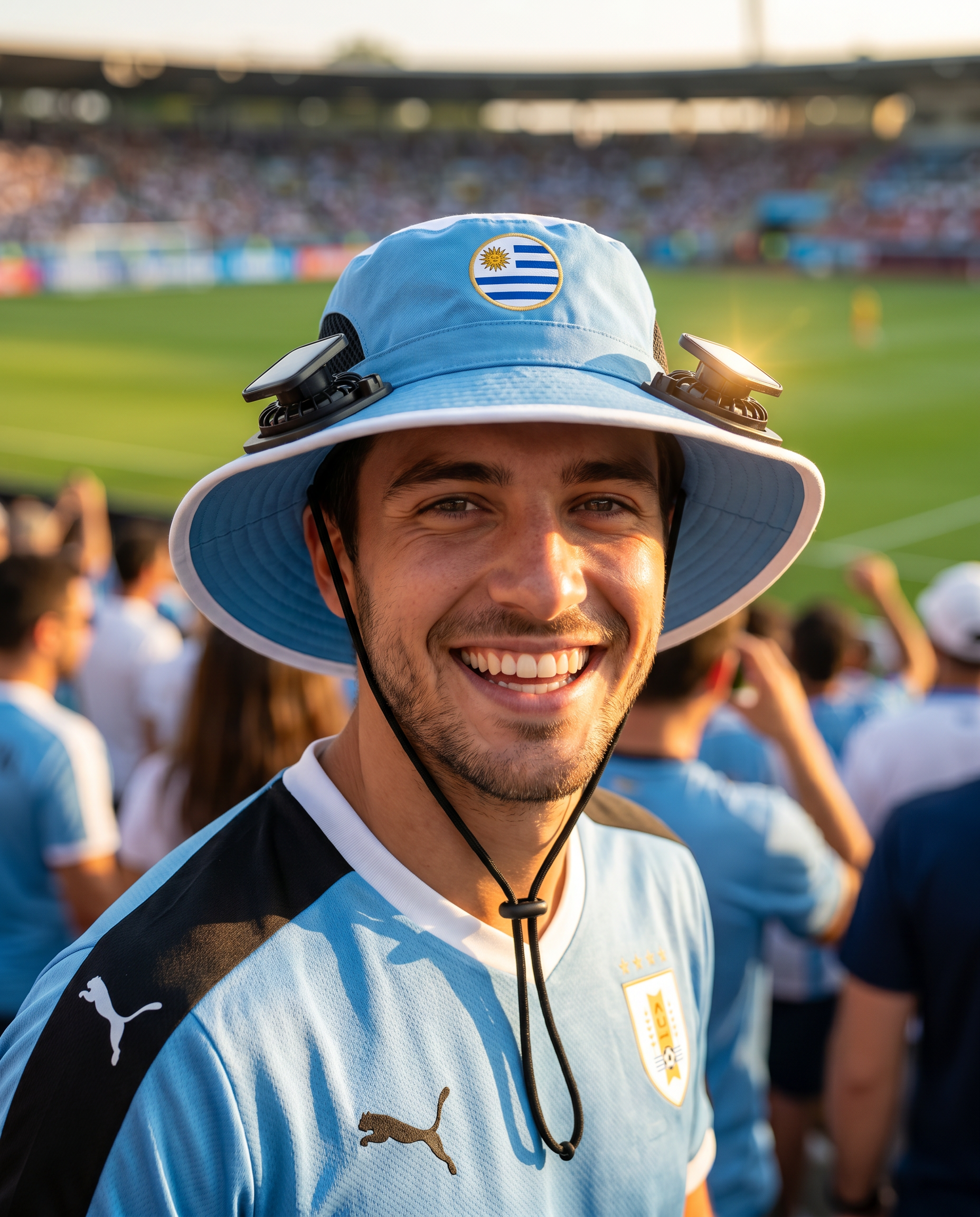 Man wearing the Uruguay solar cooling fan hat at a sunny World Cup fan zone