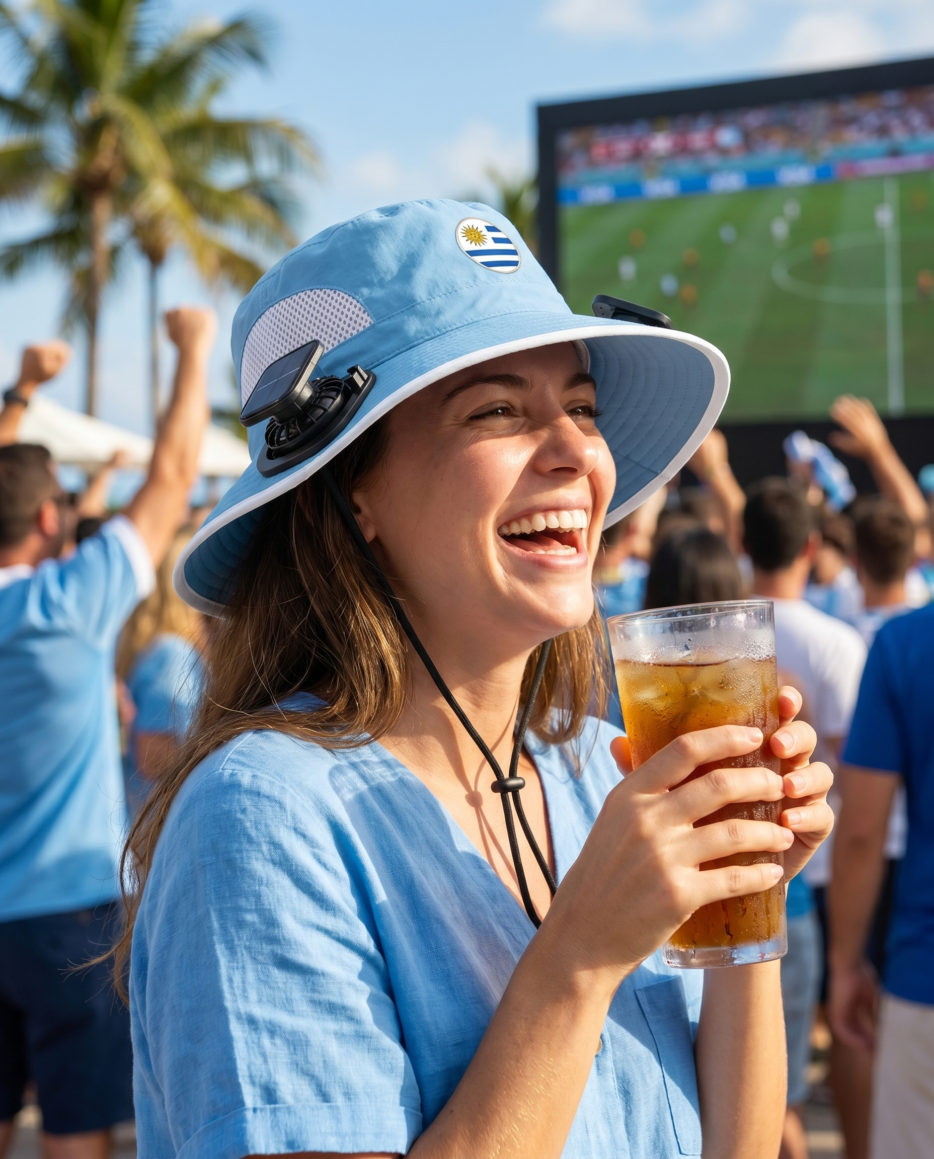 Woman wearing the Uruguay solar cooling fan hat at a sunny World Cup watch party