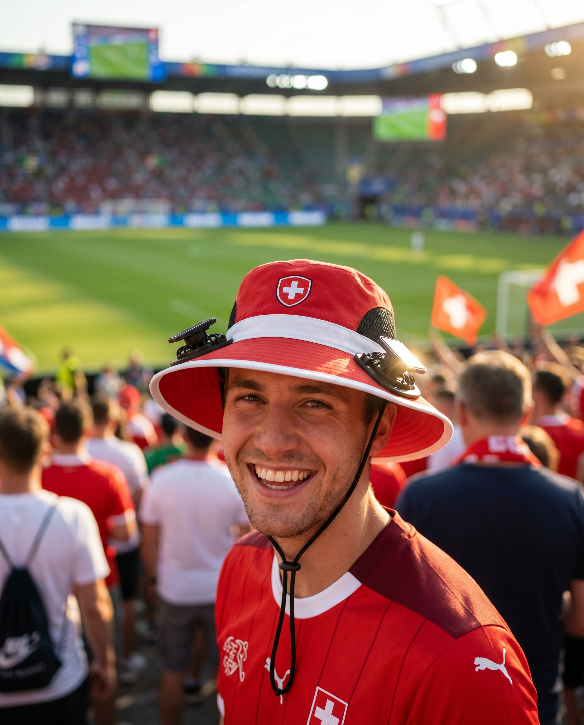 Man wearing the Switzerland solar cooling fan hat at a sunny World Cup fan zone