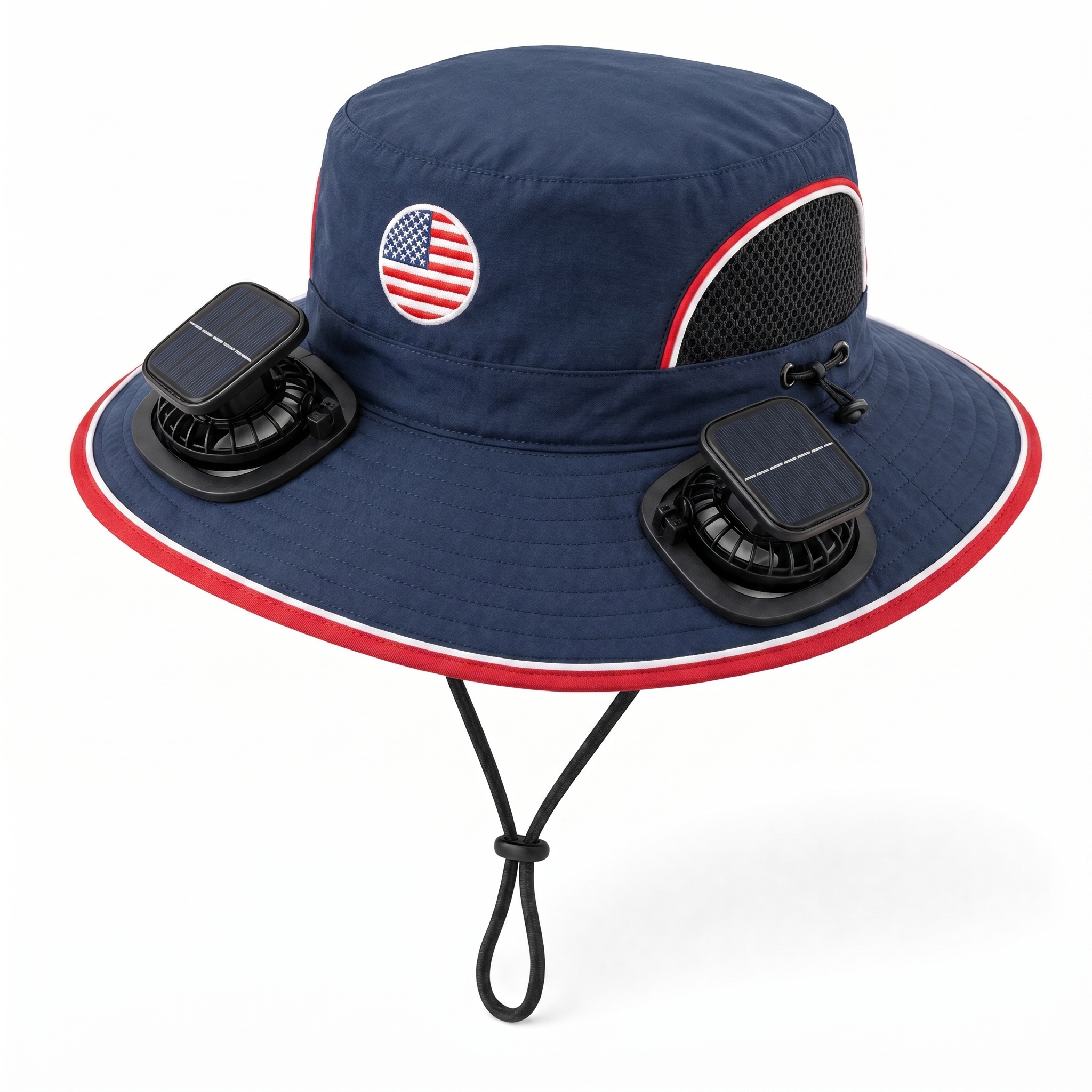 USA World Cup 2026 solar cooling fan hat in navy, red and white with twin solar fans and flag crest, front view on white background