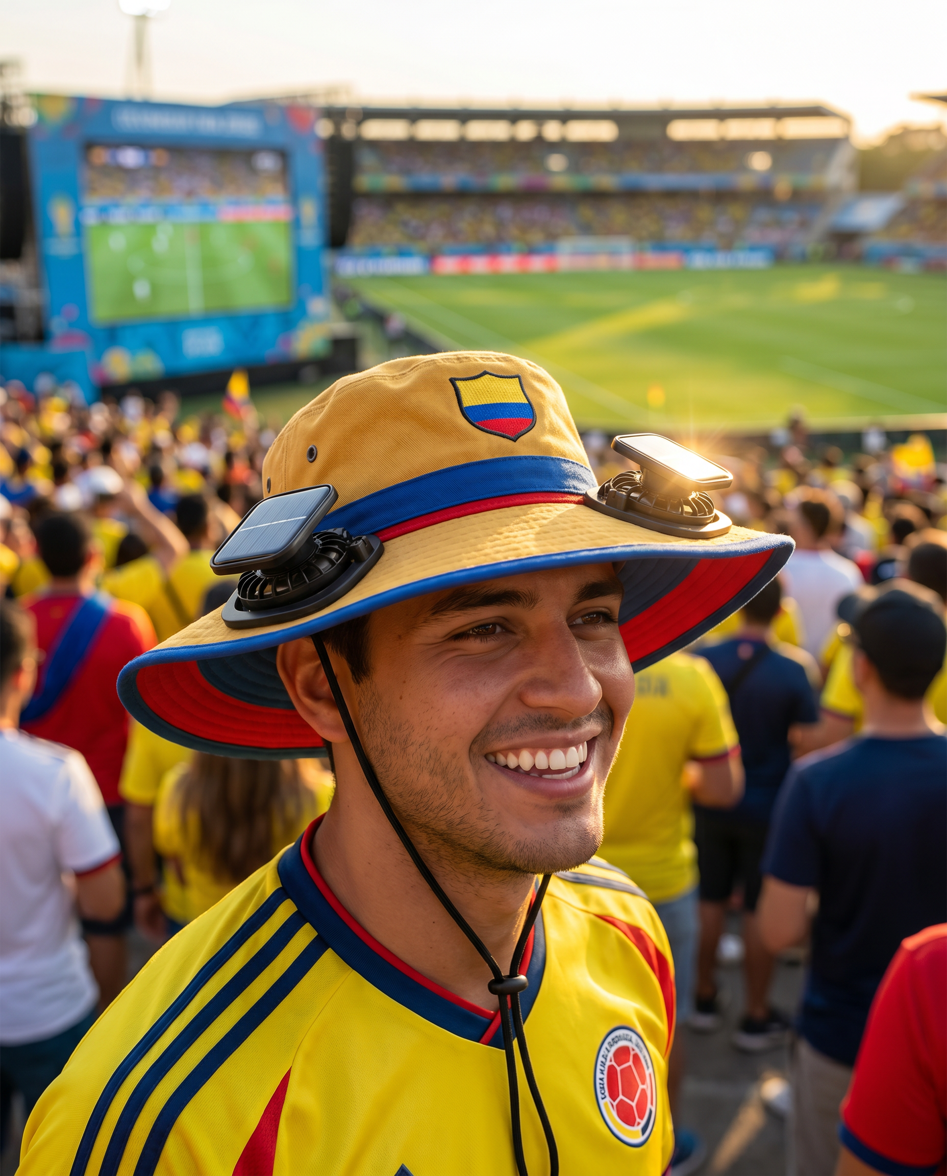 Man wearing the Colombia solar cooling fan hat at a sunny World Cup fan zone