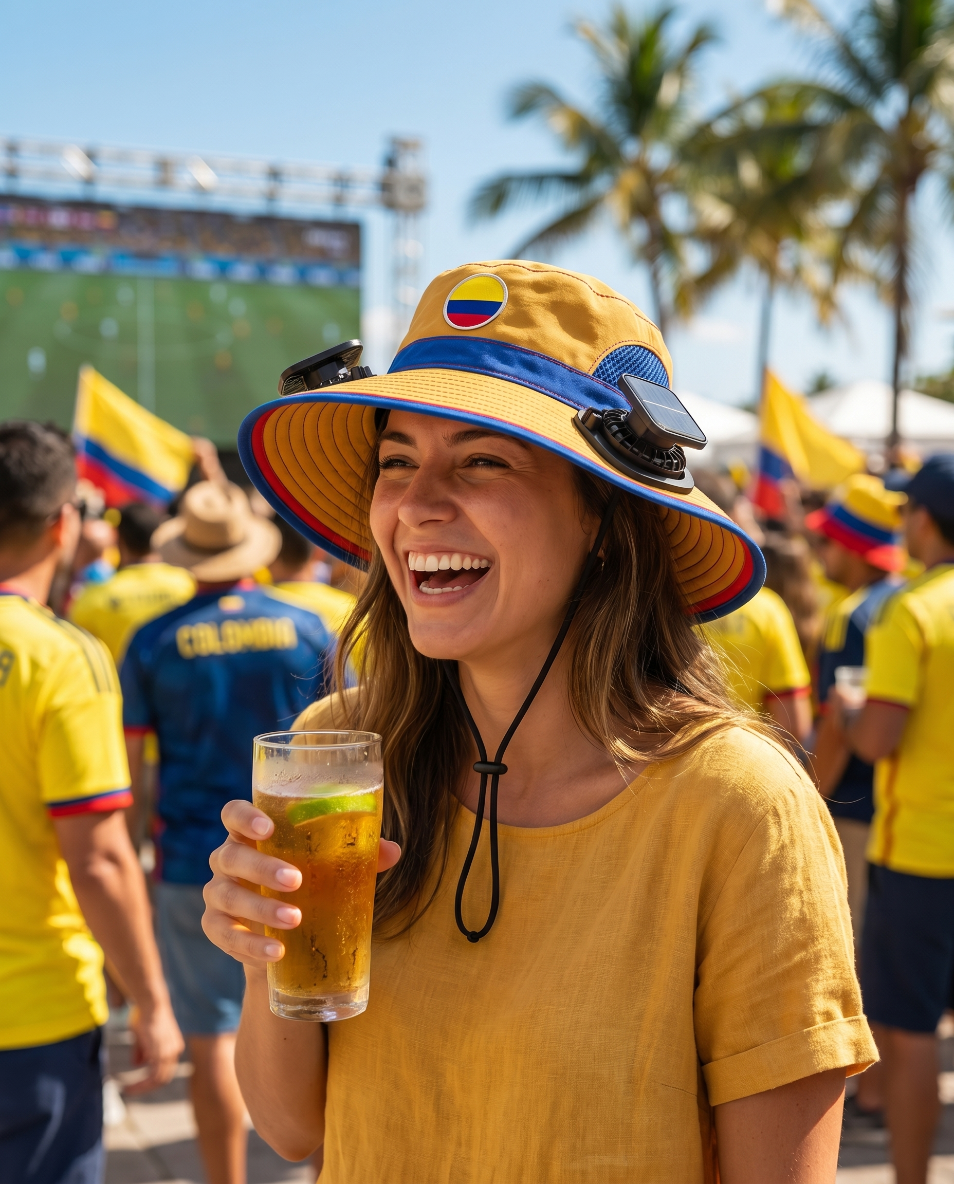 Woman wearing the Colombia solar cooling fan hat at a sunny World Cup watch party