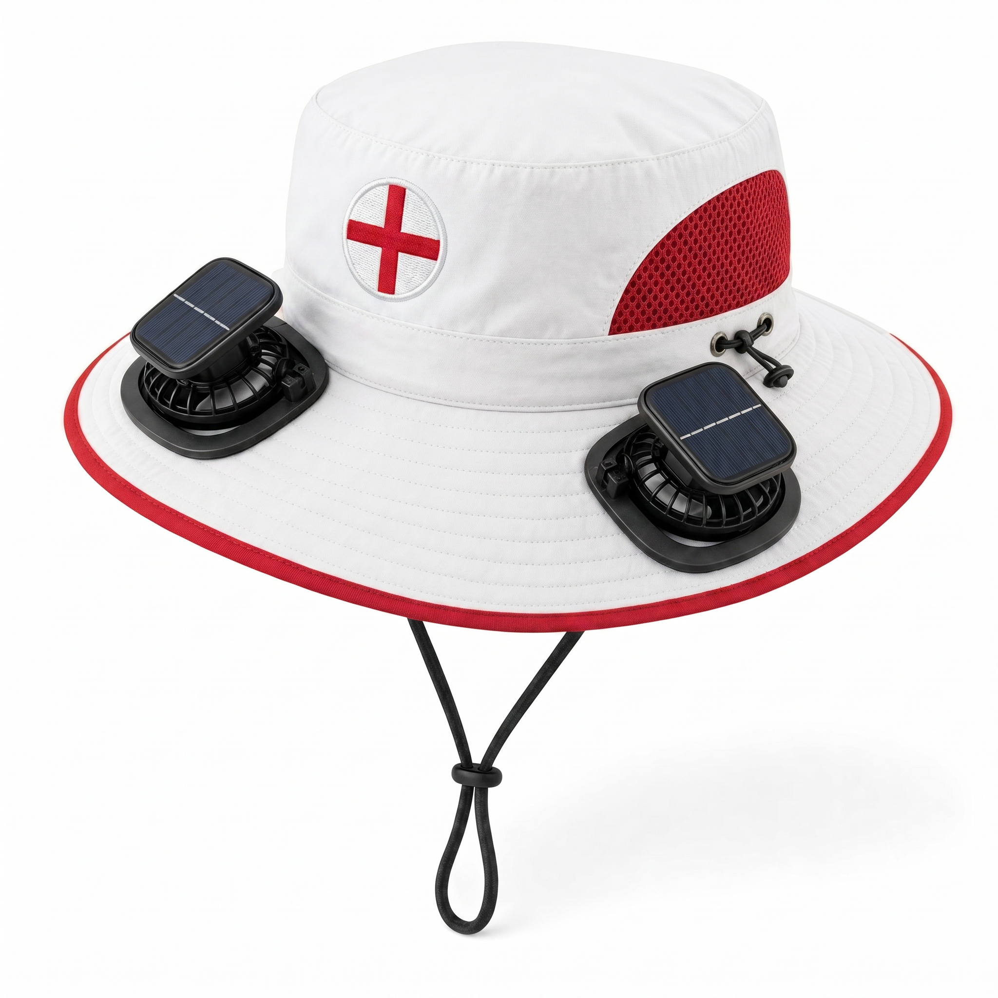 England World Cup 2026 solar cooling fan hat in white and red with twin solar fans and flag crest, front view on white background