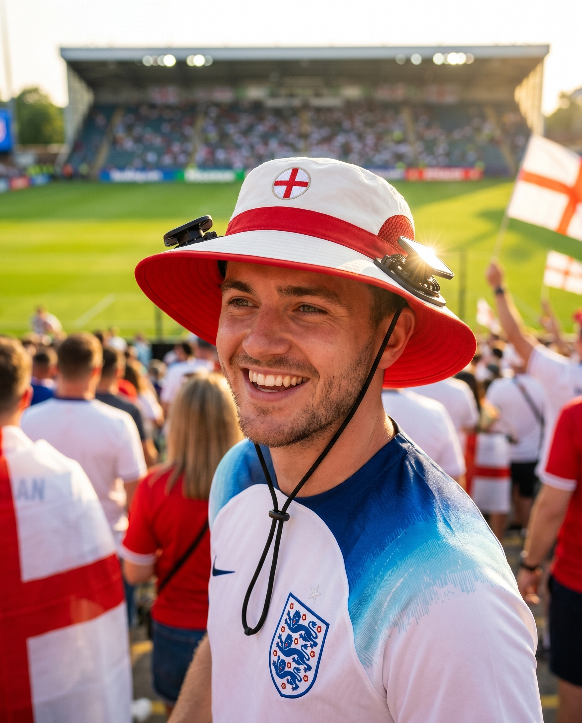 Man wearing the England solar cooling fan hat at a sunny World Cup fan zone