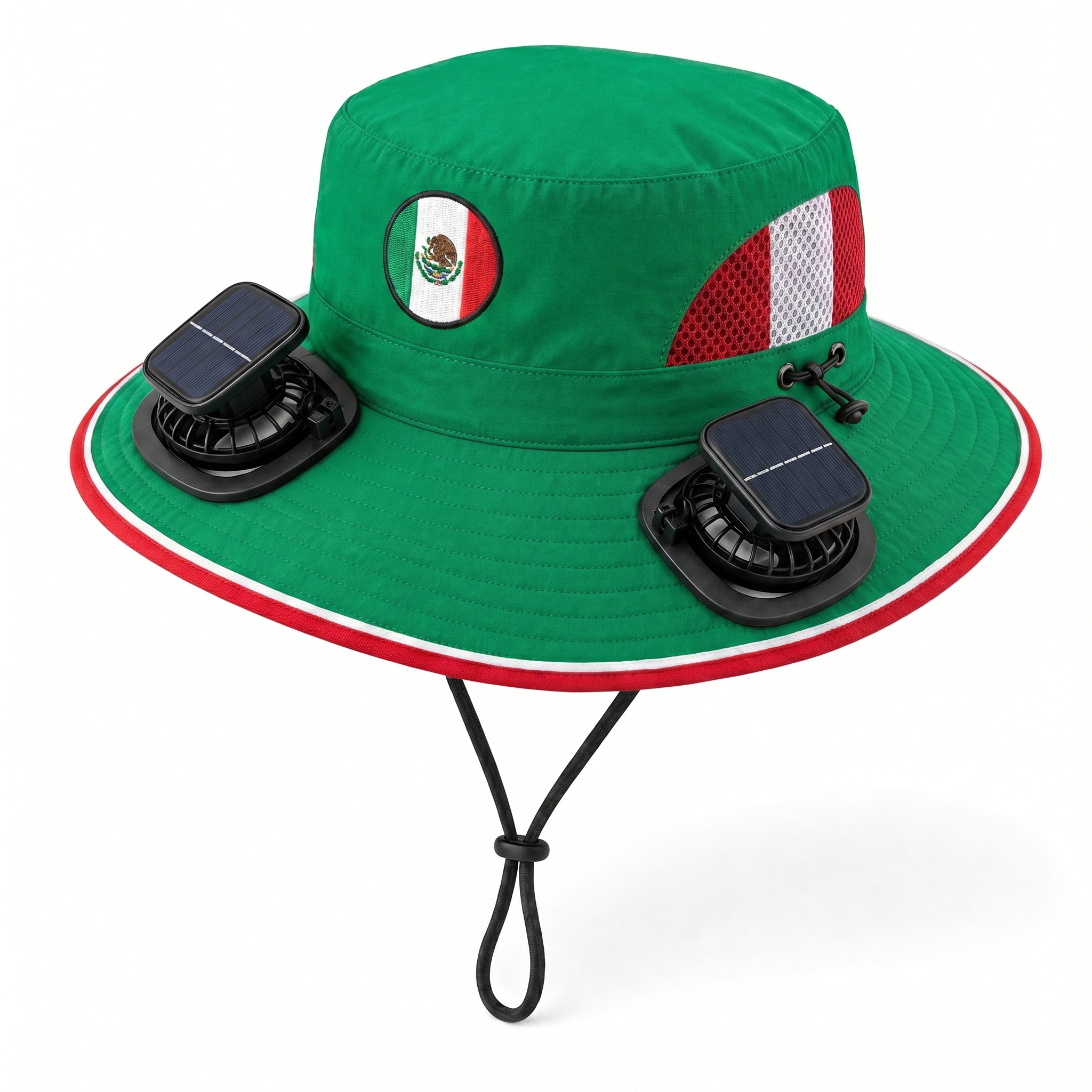 Mexico World Cup 2026 solar cooling fan hat in green, white and red with twin solar fans and flag crest, front view on white background