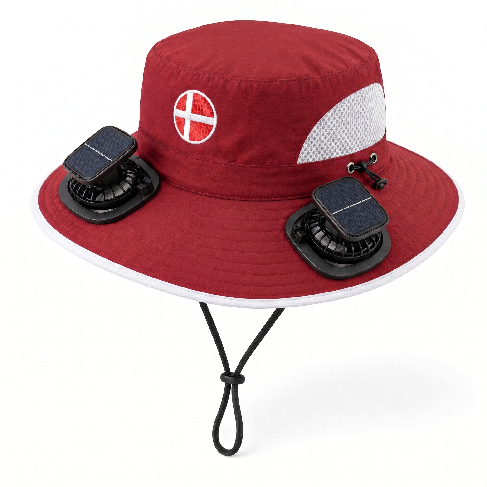 Denmark World Cup 2026 solar cooling fan hat in red and white with twin solar fans and flag crest, front view on white background