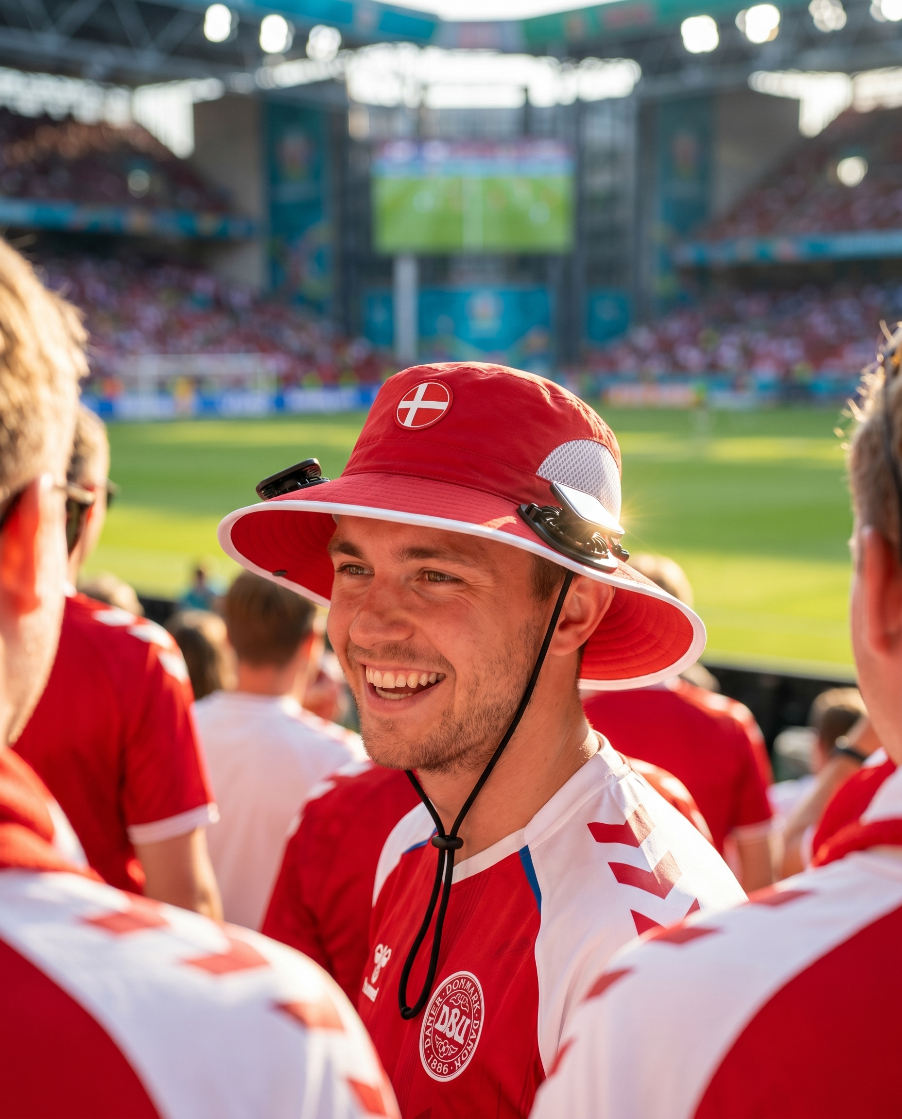 Man wearing the Denmark solar cooling fan hat at a sunny World Cup fan zone