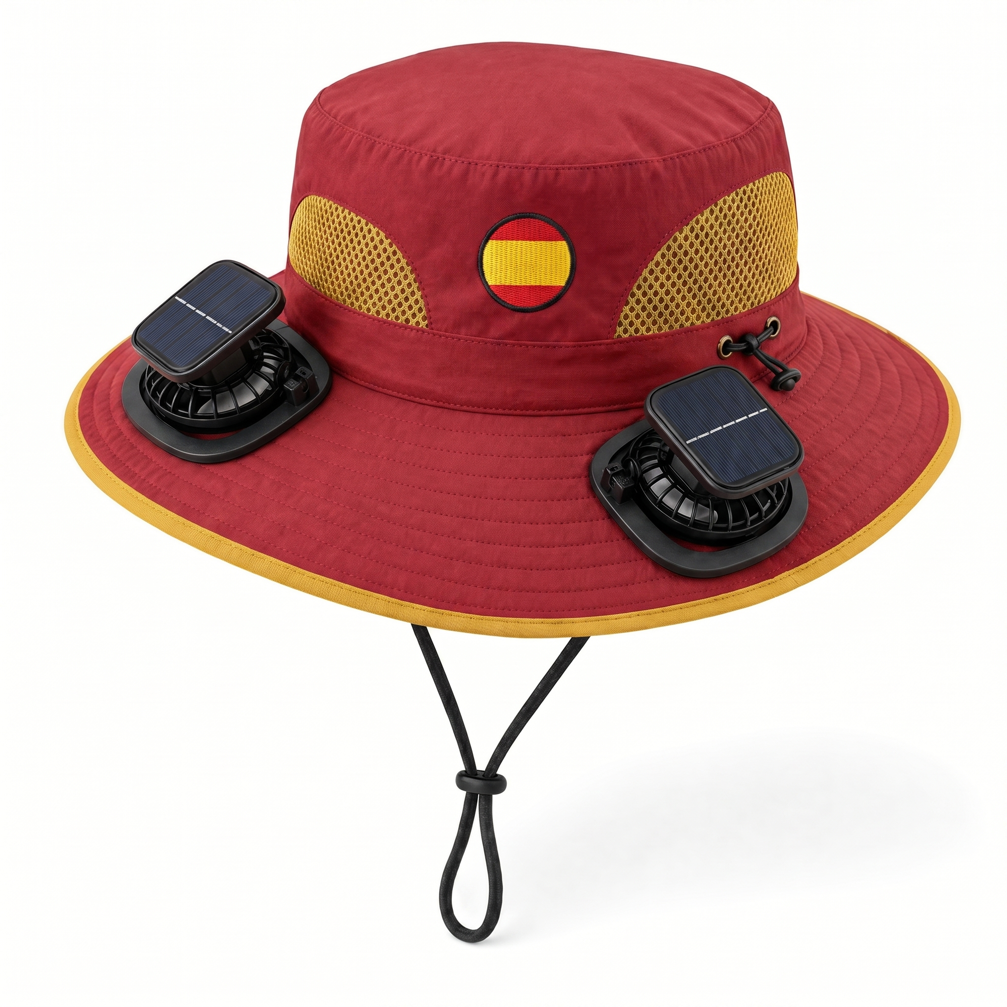 Spain World Cup 2026 solar cooling fan hat in red and gold with twin solar fans and flag crest, front view on white background