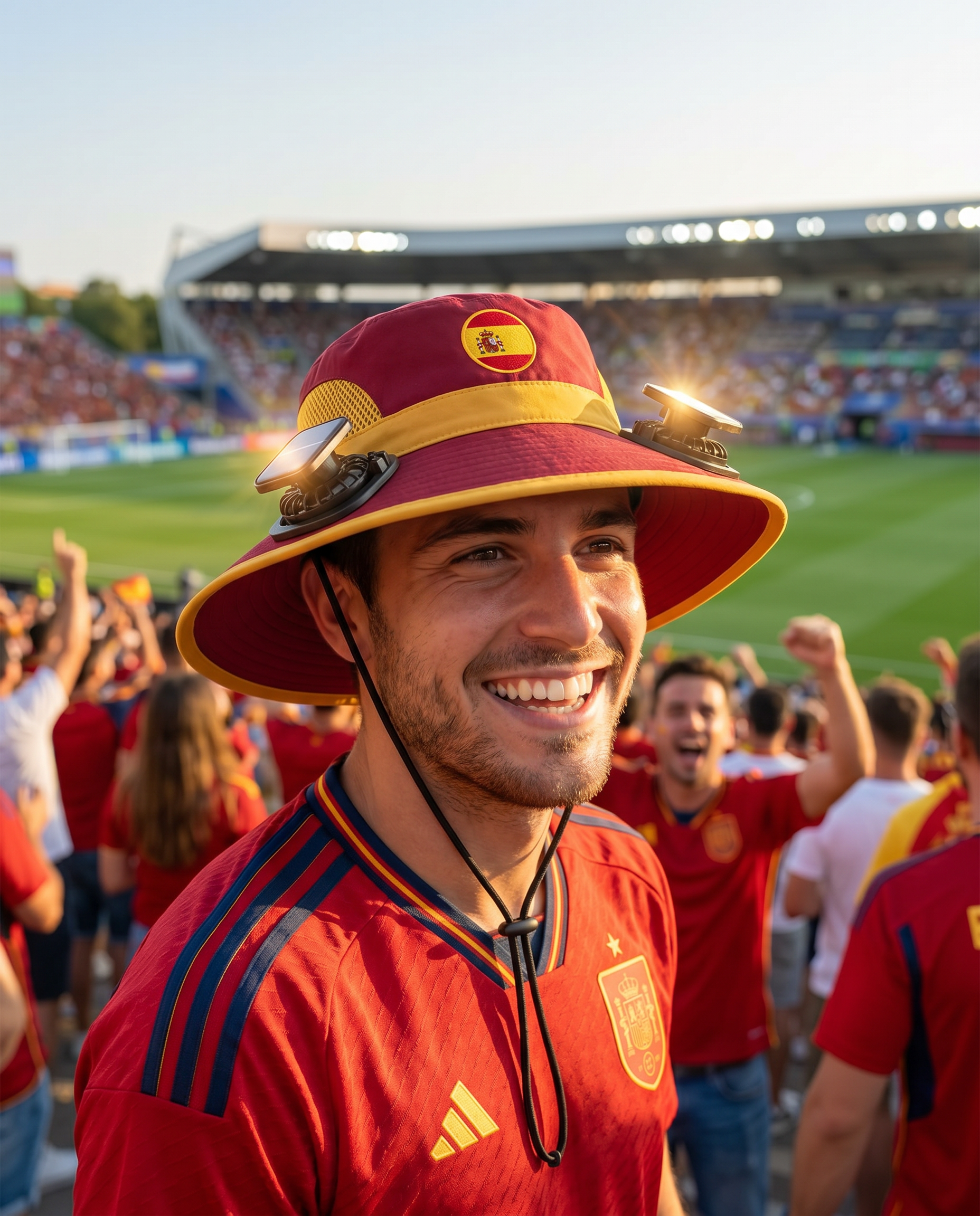 Man wearing the Spain solar cooling fan hat at a sunny World Cup fan zone