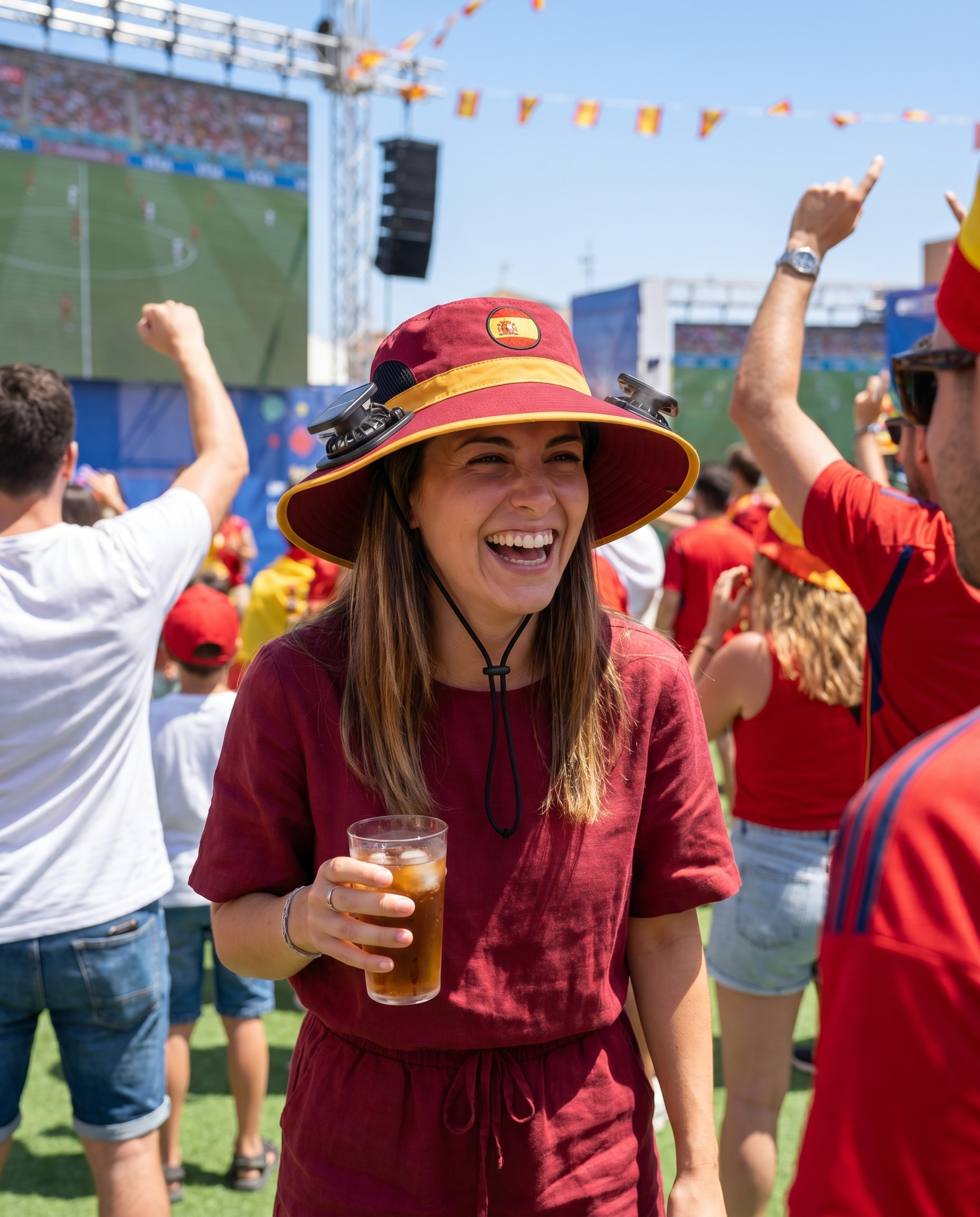 Woman wearing the Spain solar cooling fan hat at a sunny World Cup watch party