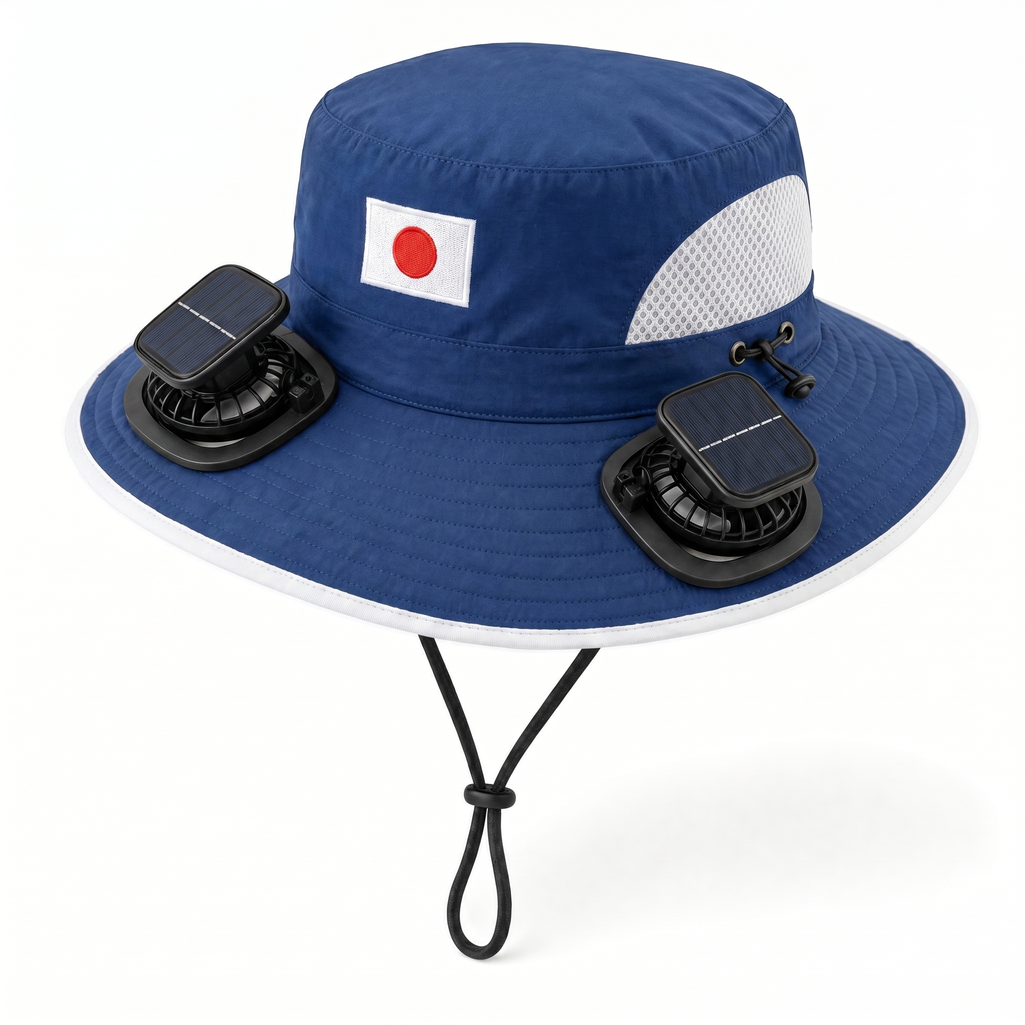 Japan World Cup 2026 solar cooling fan hat in deep blue and white with twin solar fans and flag crest, front view on white background