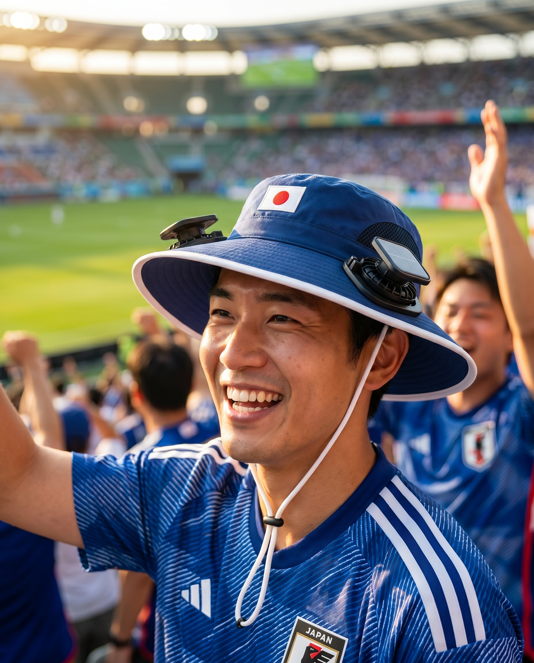 Man wearing the Japan solar cooling fan hat at a sunny World Cup fan zone