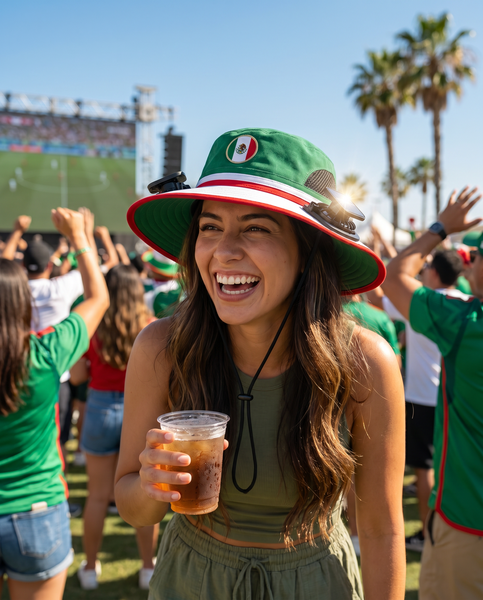 Woman wearing the Mexico solar cooling fan hat at a sunny World Cup watch party