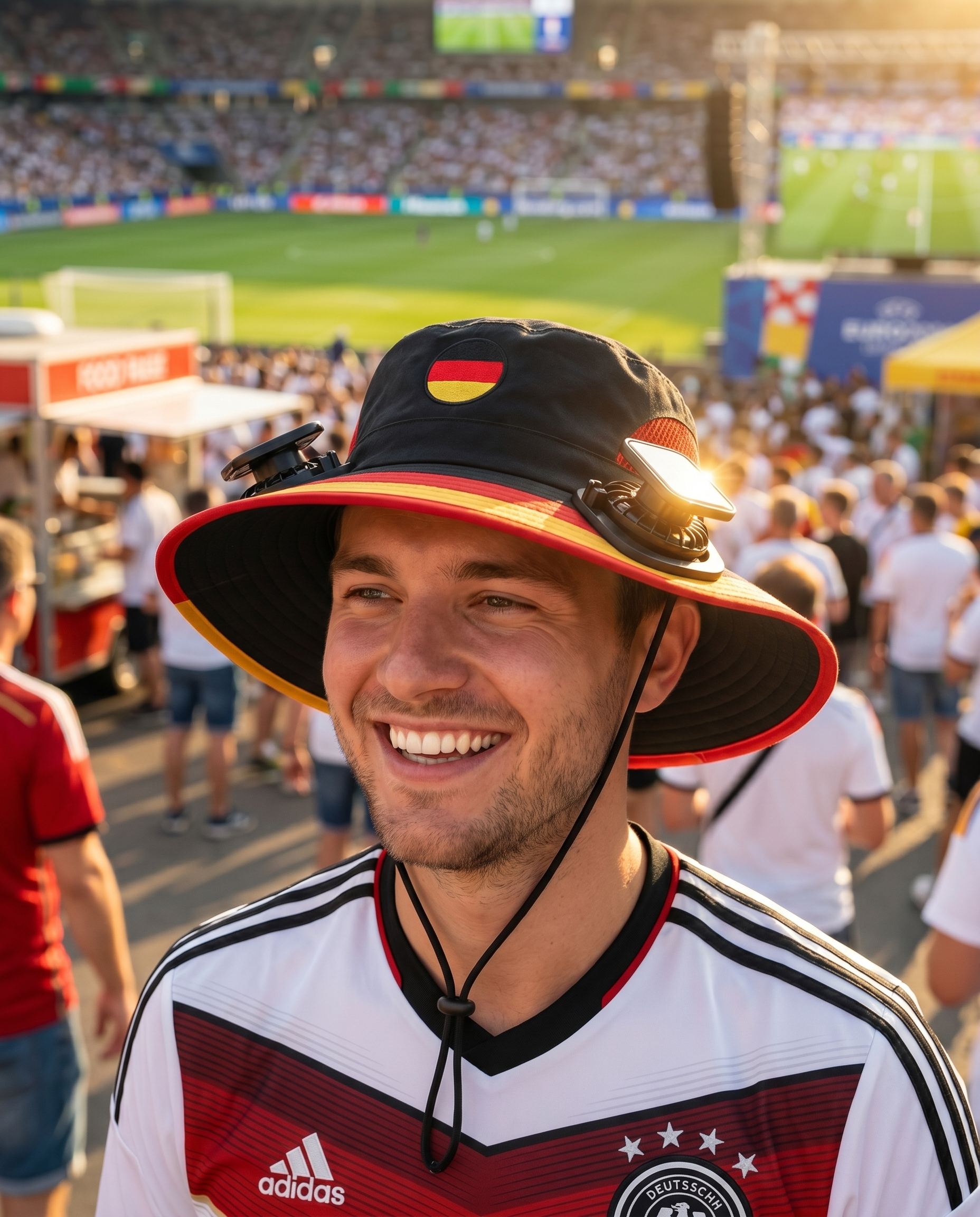 Man wearing the Germany solar cooling fan hat at a sunny World Cup fan zone