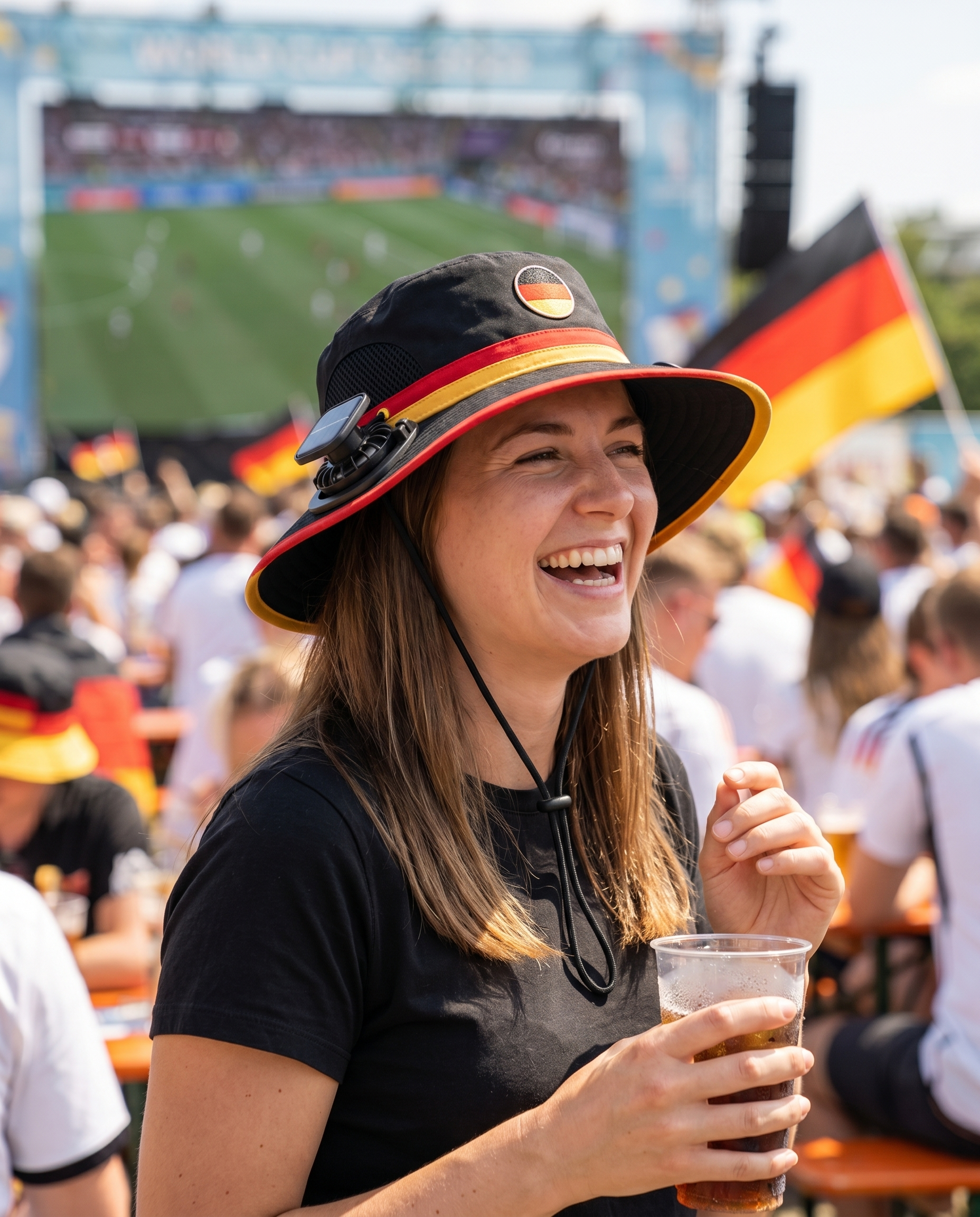Woman wearing the Germany solar cooling fan hat at a sunny World Cup watch party