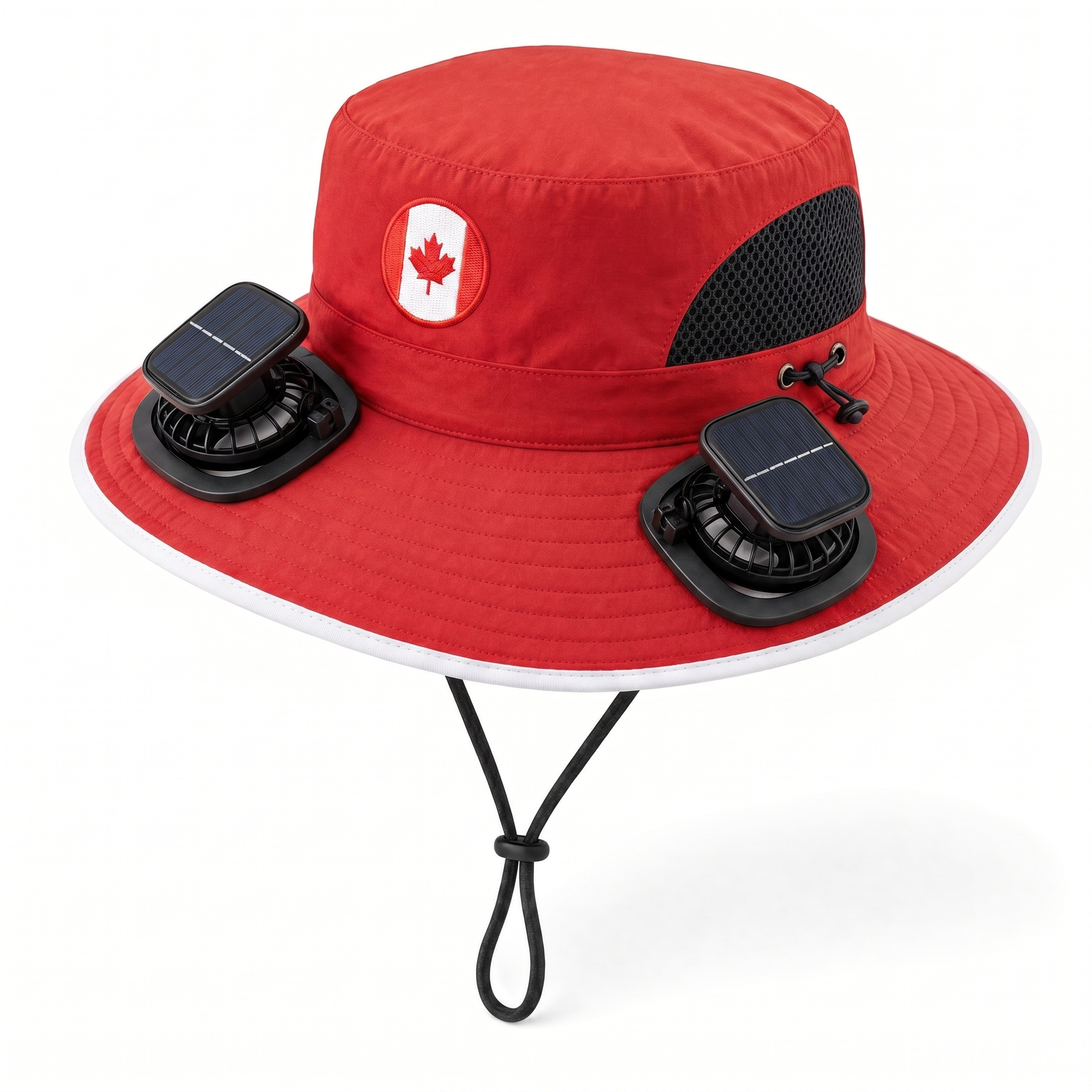 Canada World Cup 2026 solar cooling fan hat in red and white with twin solar fans and flag crest, front view on white background