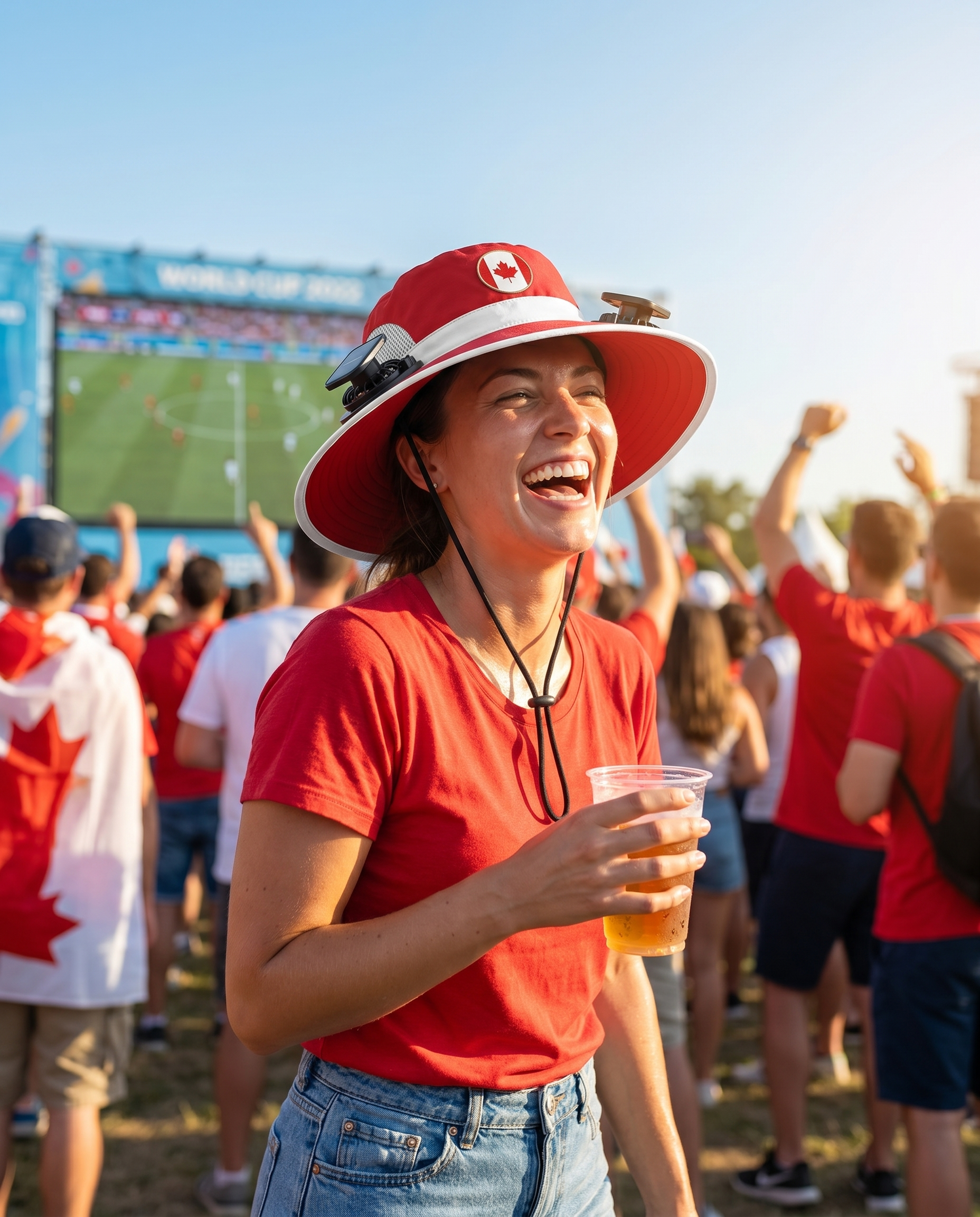 Woman wearing the Canada solar cooling fan hat at a sunny World Cup watch party