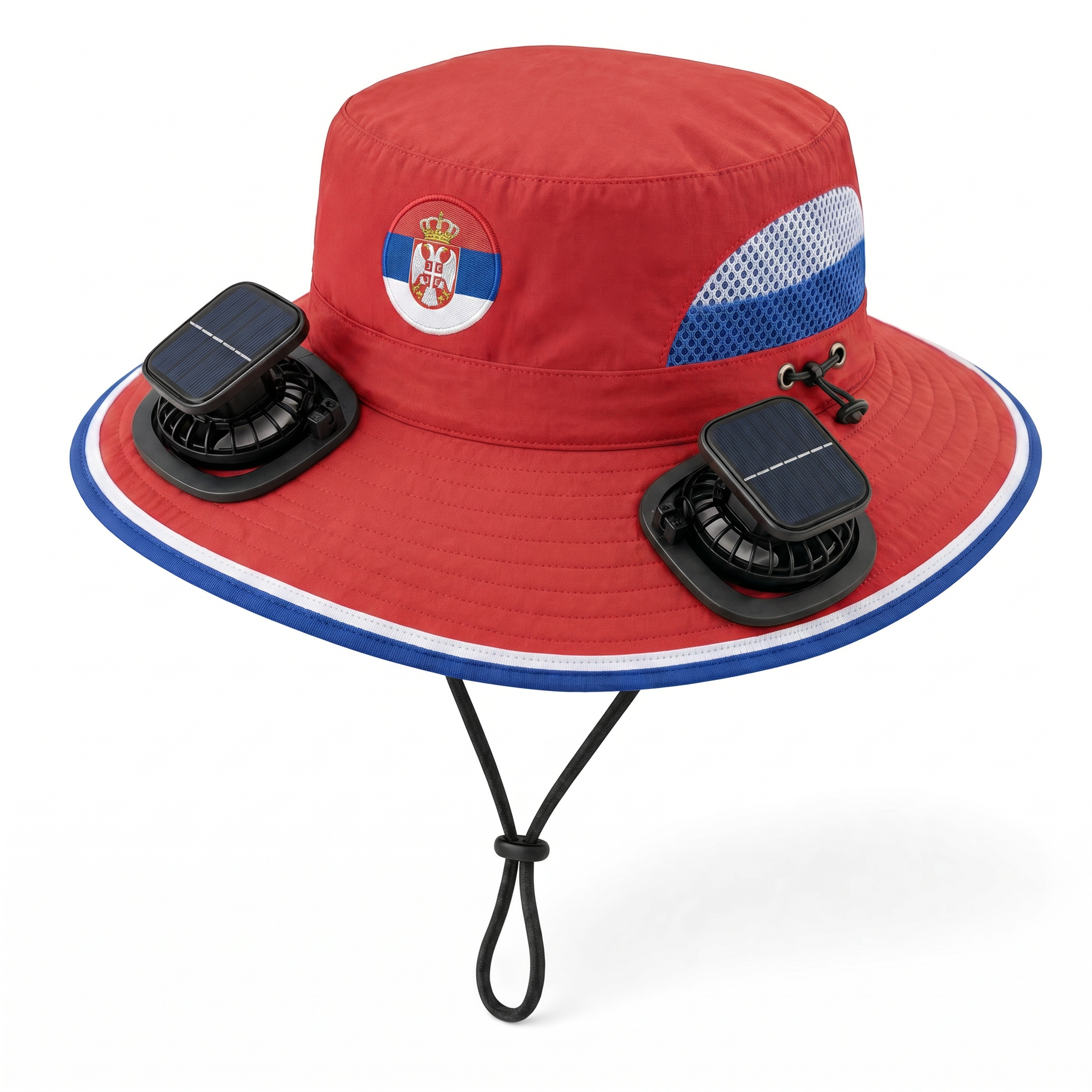 Serbia World Cup 2026 solar cooling fan hat in red, blue and white with twin solar fans and flag crest, front view on white background
