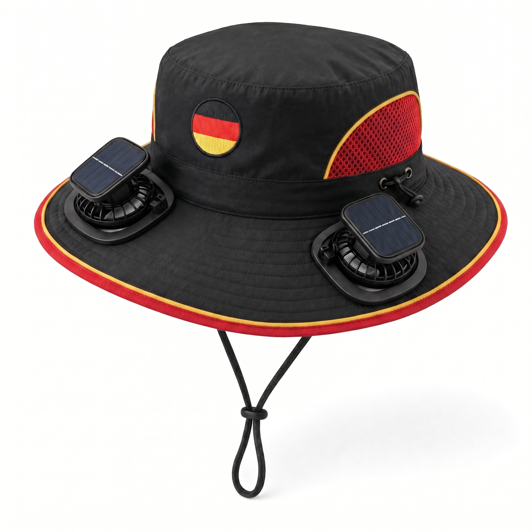 Germany World Cup 2026 solar cooling fan hat in black, red and gold with twin solar fans and flag crest, front view on white background