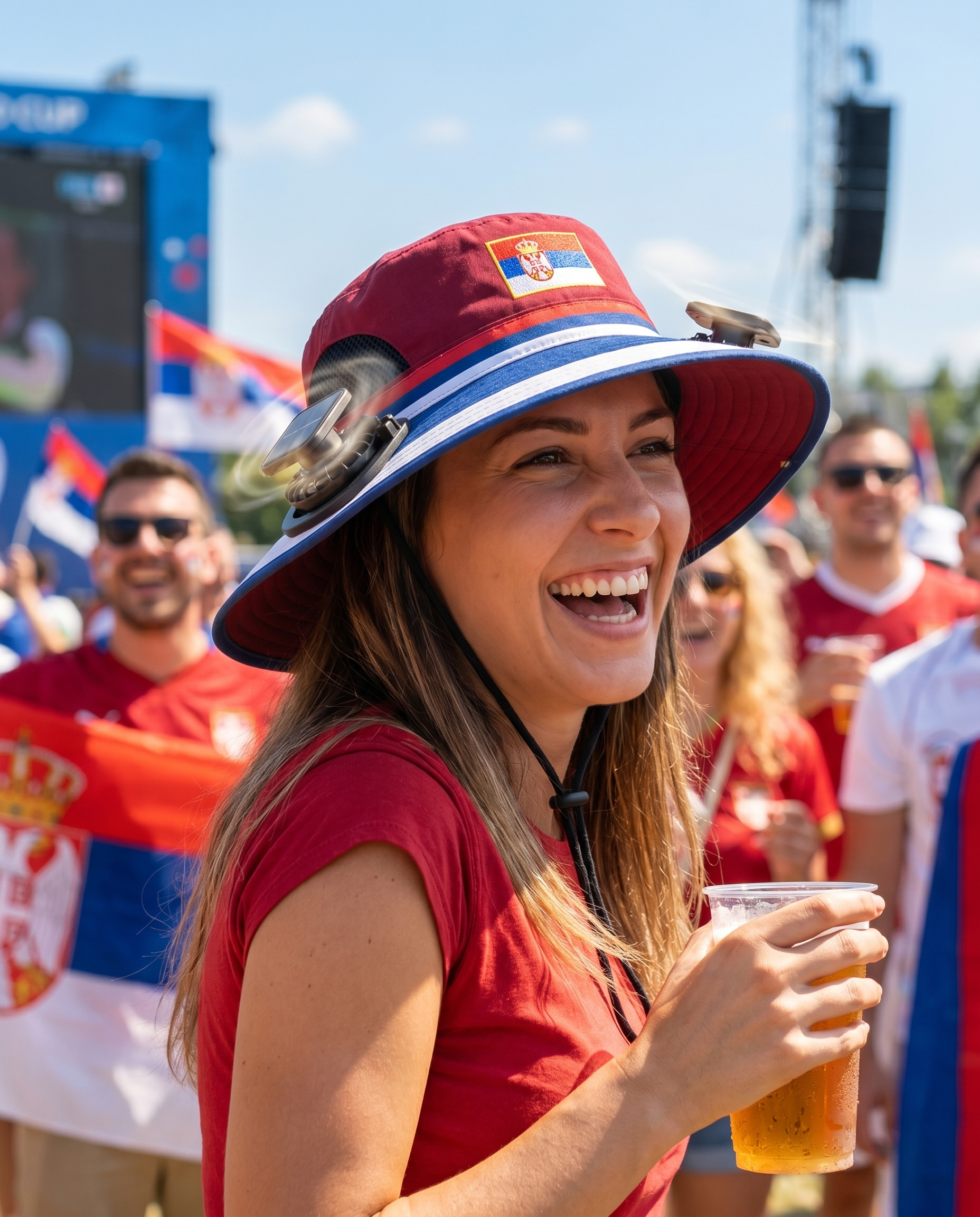 Woman wearing the Serbia solar cooling fan hat at a sunny World Cup watch party