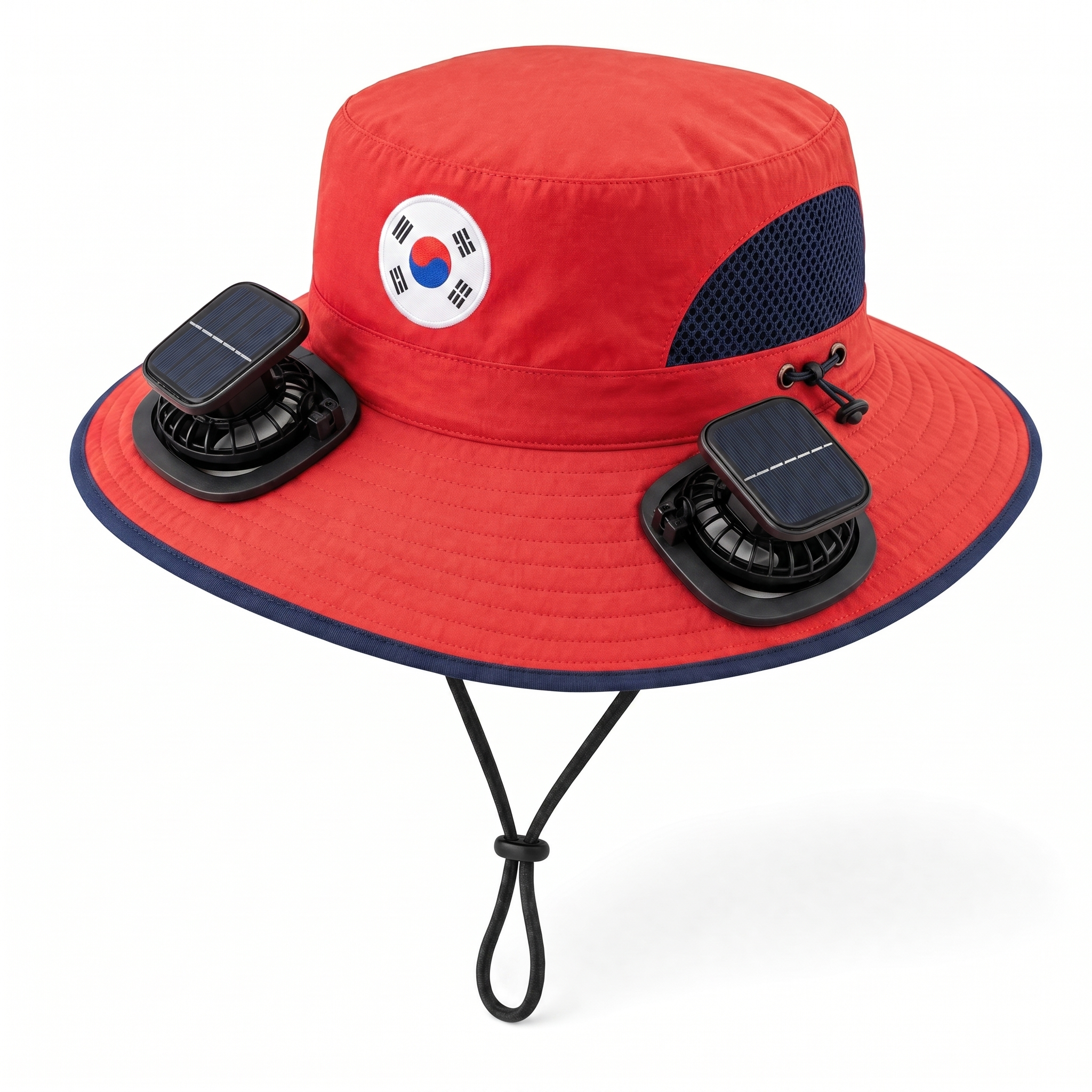 South Korea World Cup 2026 solar cooling fan hat in red and navy with twin solar fans and flag crest, front view on white background
