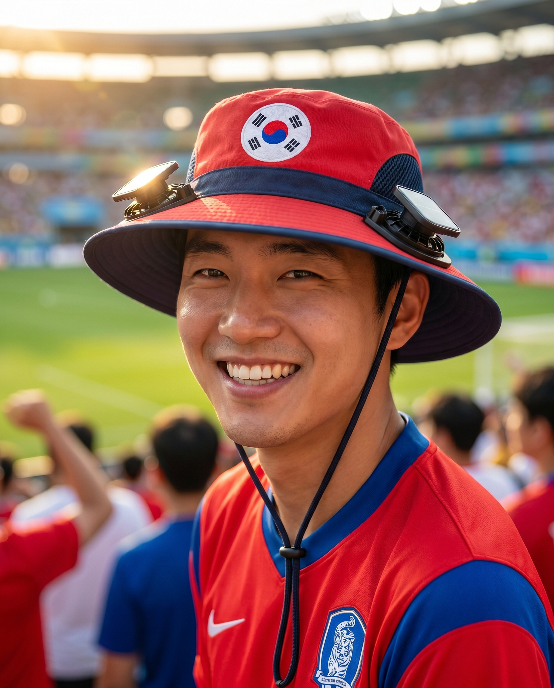 Man wearing the South Korea solar cooling fan hat at a sunny World Cup fan zone
