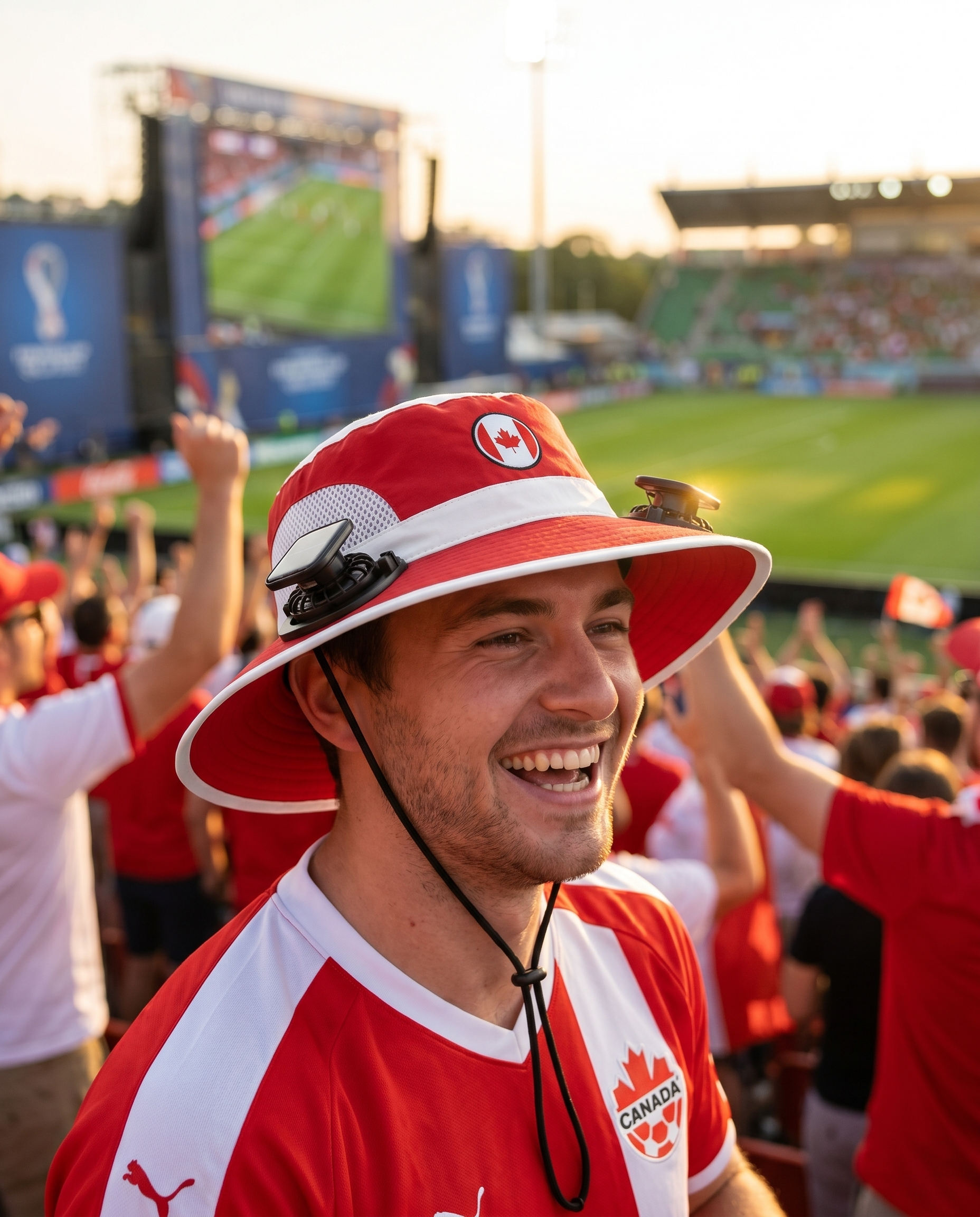 Man wearing the Canada solar cooling fan hat at a sunny World Cup fan zone