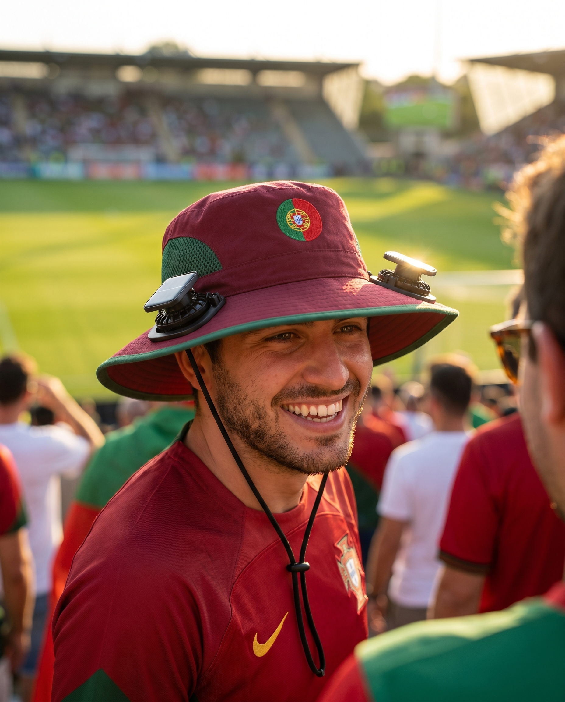 Man wearing the Portugal solar cooling fan hat at a sunny World Cup fan zone