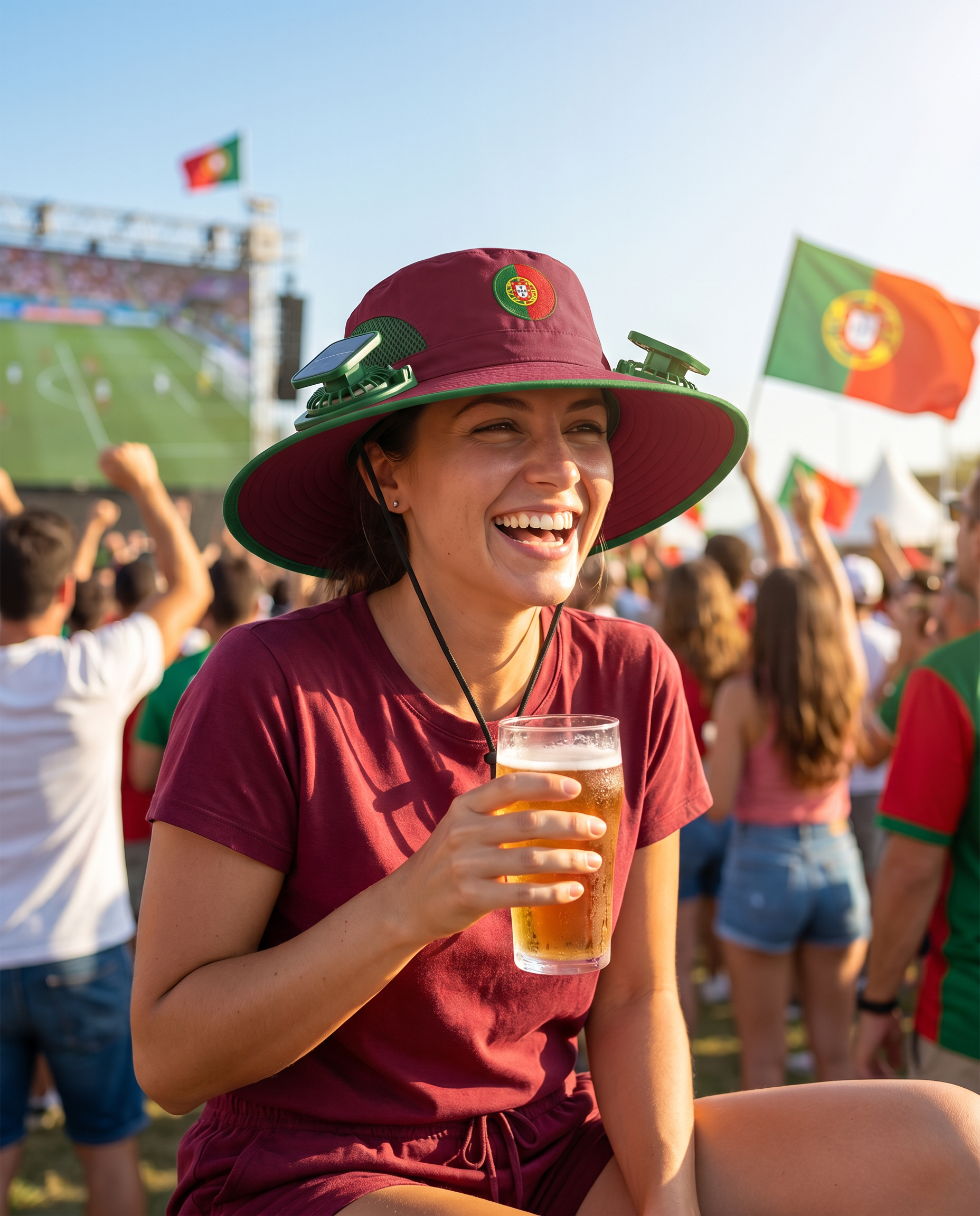 Woman wearing the Portugal solar cooling fan hat at a sunny World Cup watch party