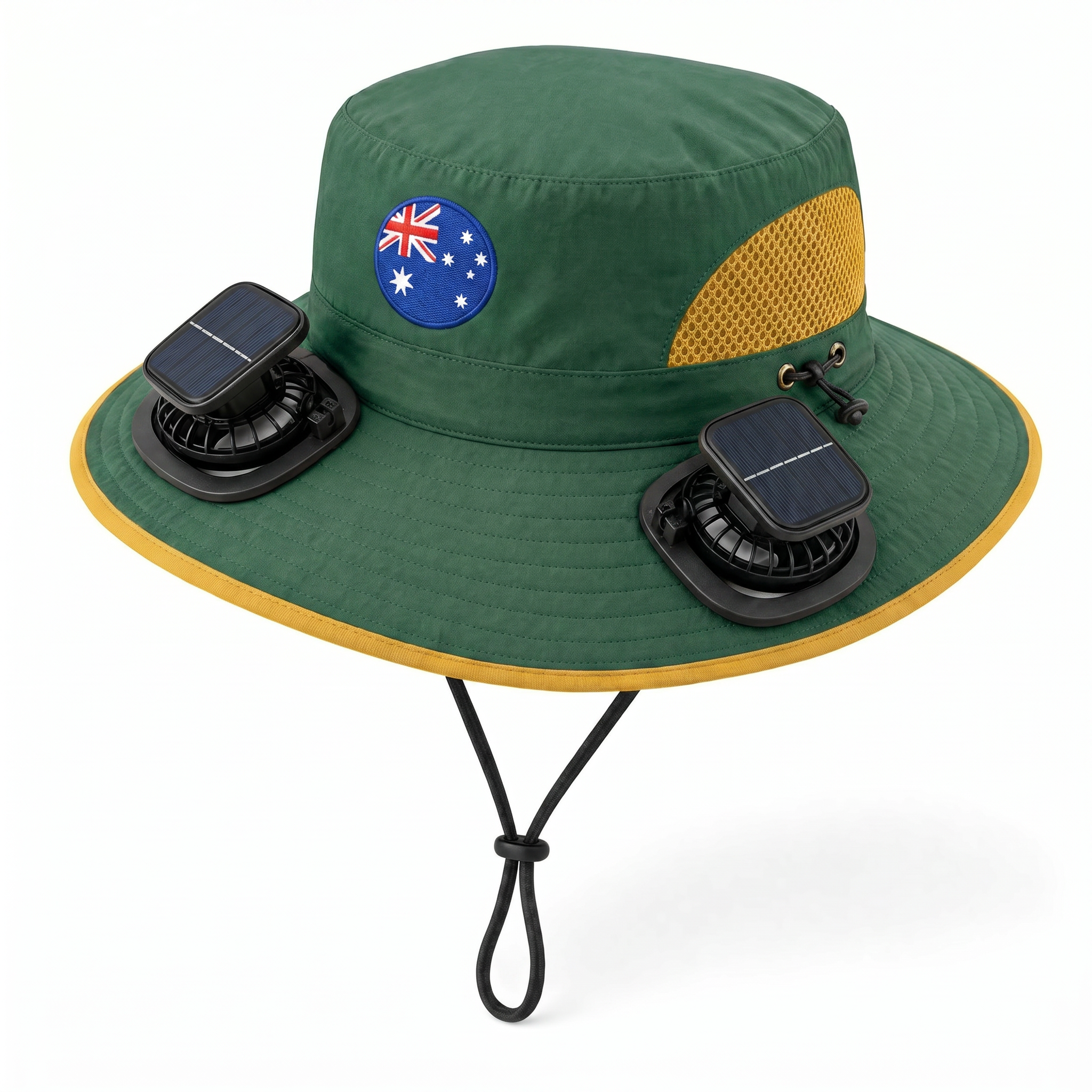 Australia World Cup 2026 solar cooling fan hat in green and gold with twin solar fans and flag crest, front view on white background